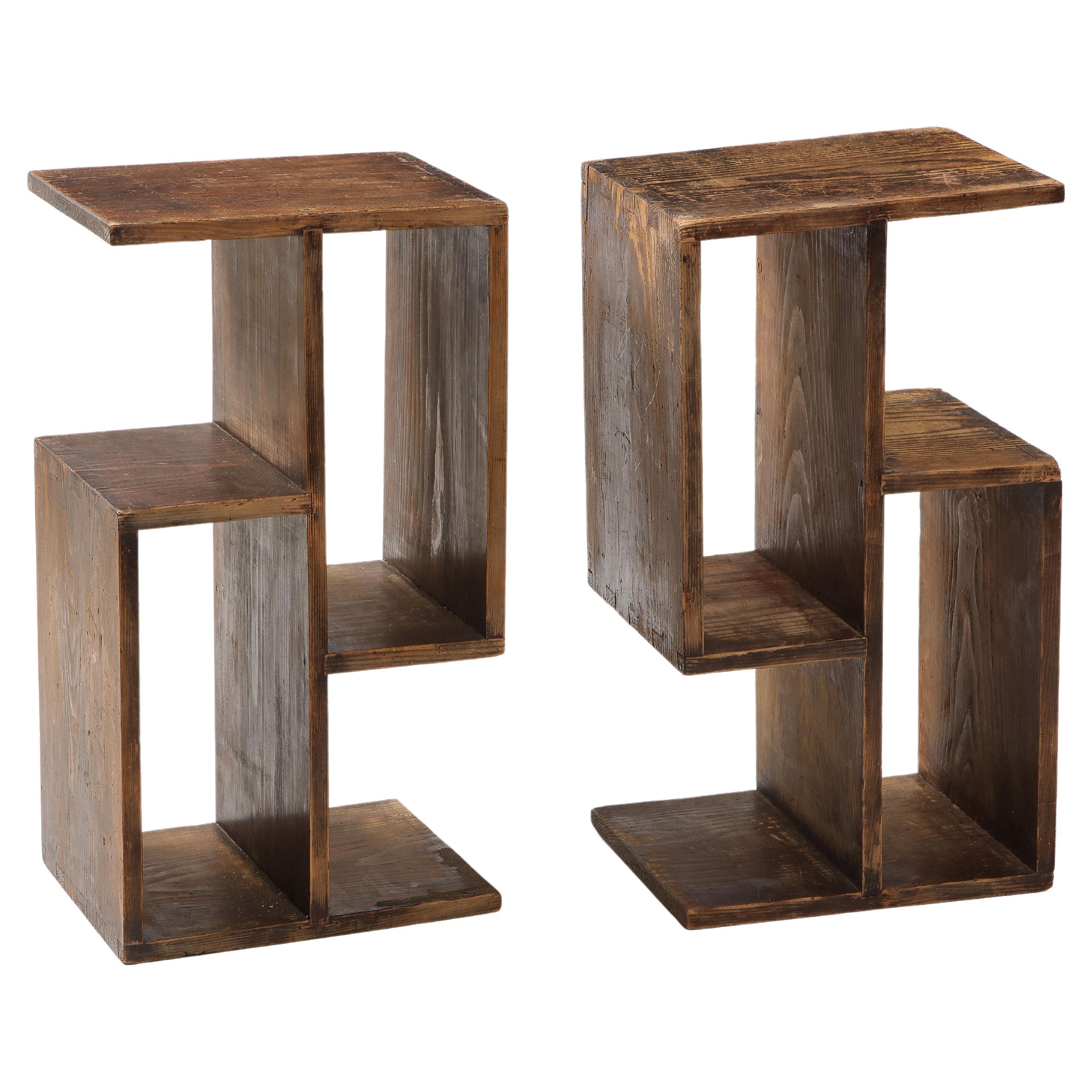Pair of solid pine end tables from the reconstruction period, assembled with Interesting joinery, the tables can be used vertically or horizontally.