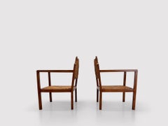 Reconstruction Wicker and Oak Armchairs France 1950s, Set of 2