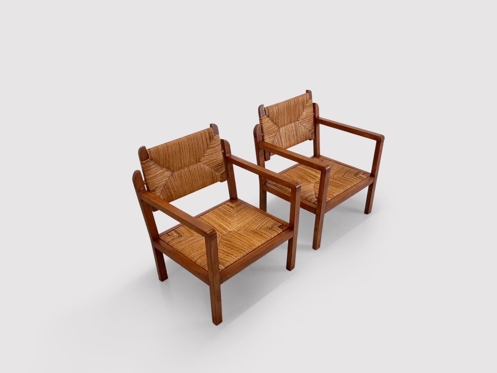 Mid-Century Modern Reconstruction Wicker and Oak Armchairs France 1950s, Set of 2