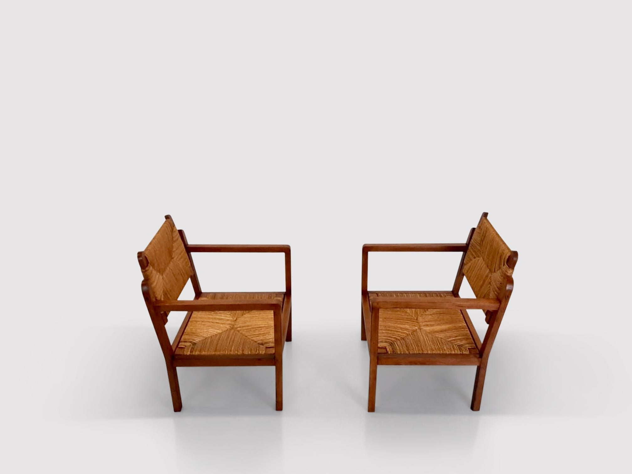 French Reconstruction Wicker and Oak Armchairs France 1950s, Set of 2
