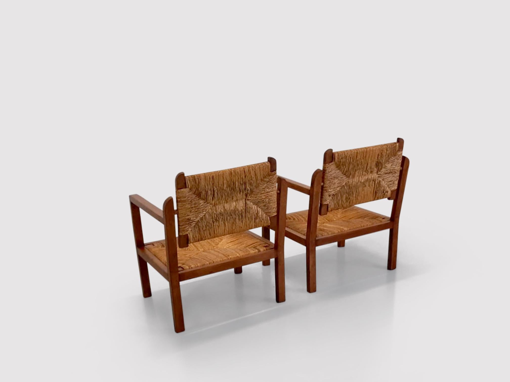 Reconstruction Wicker and Oak Armchairs France 1950s, Set of 2 In Good Condition In Stavenisse, NL
