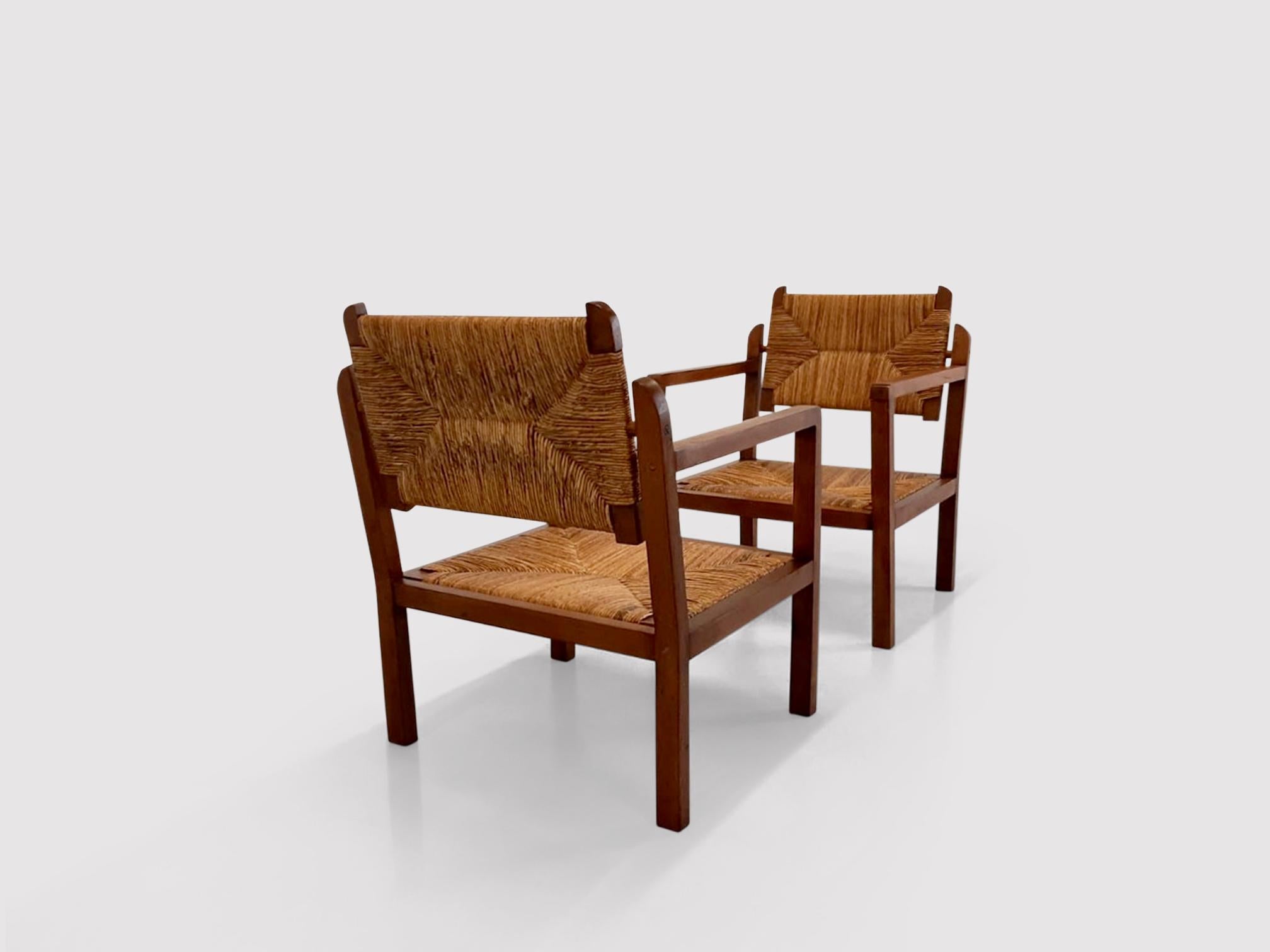 Mid-20th Century Reconstruction Wicker and Oak Armchairs France 1950s, Set of 2