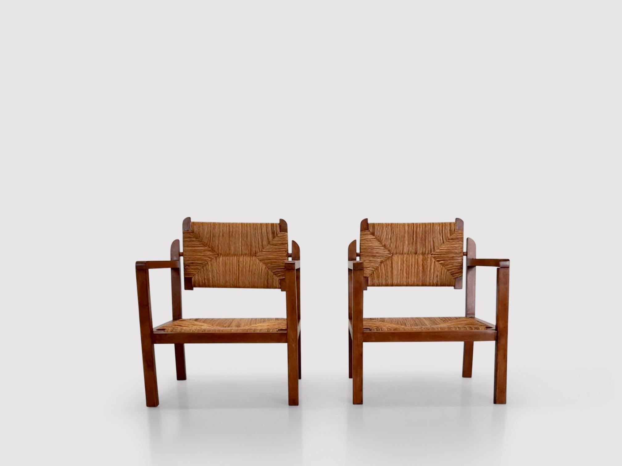 Reconstruction Wicker and Oak Armchairs France 1950s, Set of 2 1