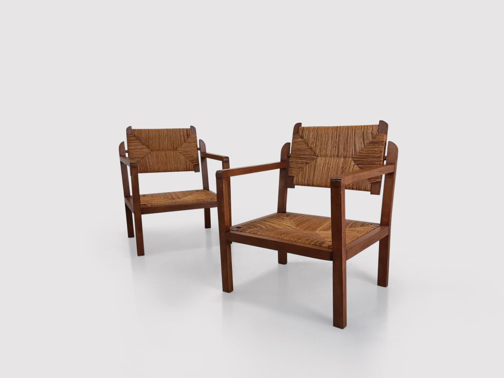 Reconstruction Wicker and Oak Armchairs France 1950s, Set of 2 2