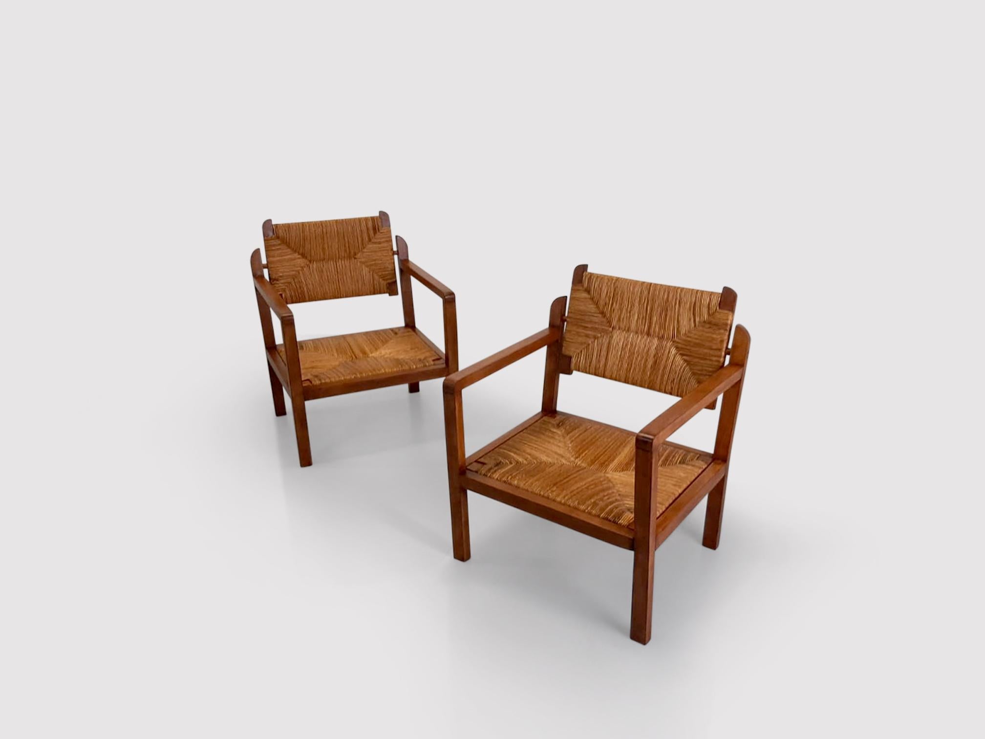 Reconstruction Wicker and Oak Armchairs France 1950s, Set of 2 3