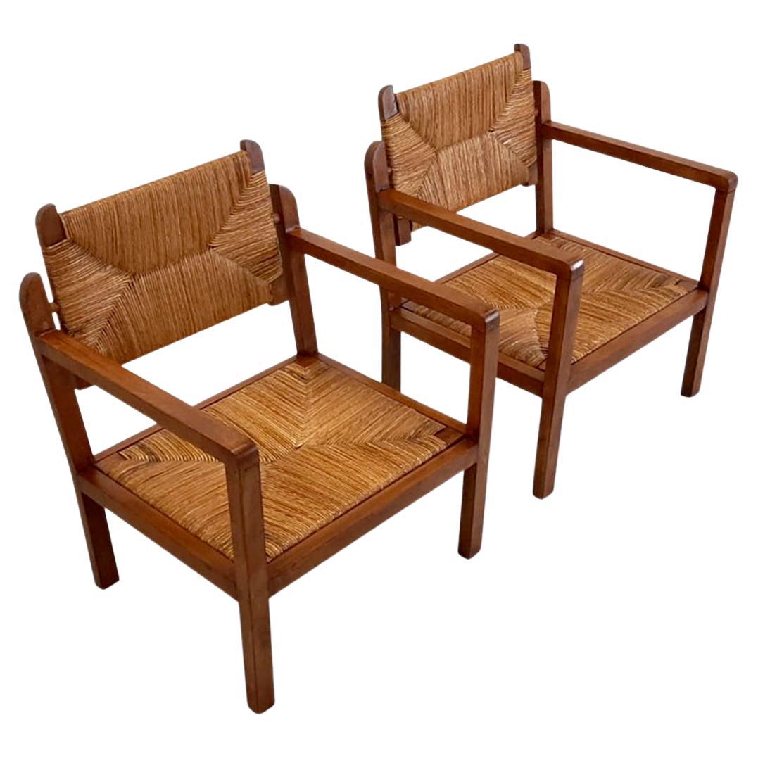 Reconstruction Wicker and Oak Armchairs France 1950s, Set of 2