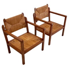 Reconstruction Wicker and Oak Armchairs France 1950s, Set of 2