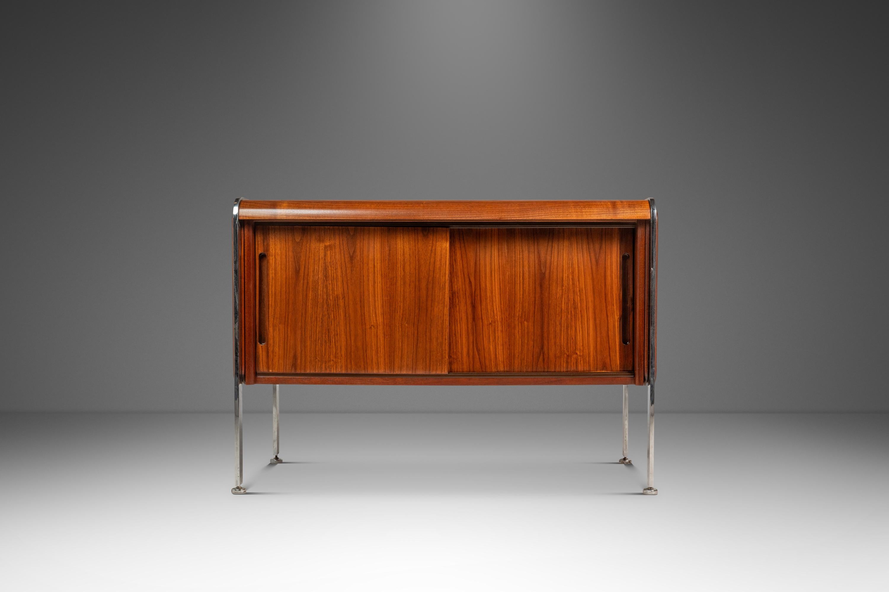 Mid-Century Modern Record Cabinet in Teak w/ Chrome Legs After Ste Marie & Laurent, Canada, c. 1970 For Sale