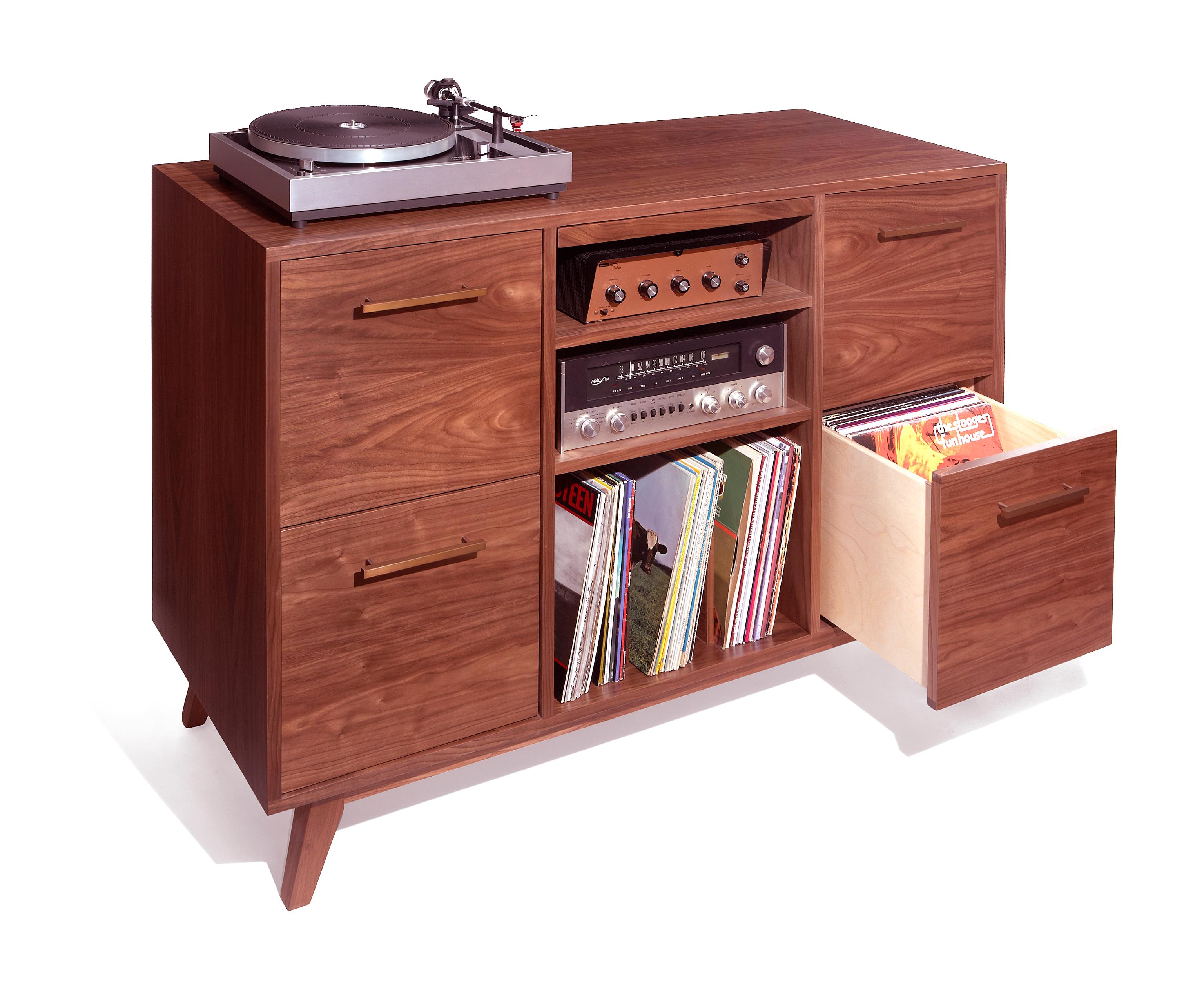 The Open/Close Series references mid-century album storage and Hi-Fi style, but is updated for the needs of the 21st century music lover.

The Open/Close features four soft-closing drawers for albums and two shelves for components. A center