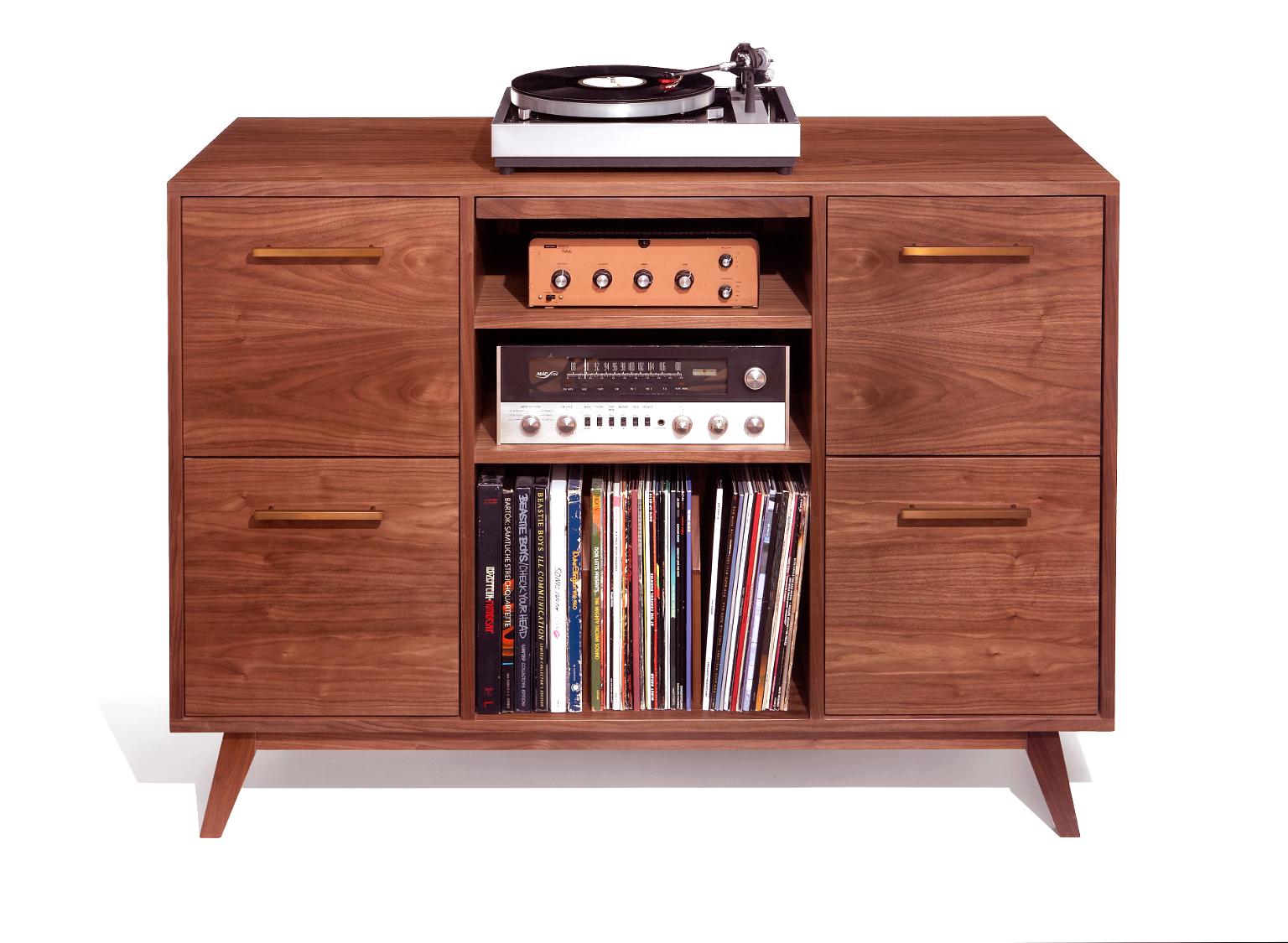 Offene/Schrank-Plattenschrank-Anrichte für Analog Stereo LPs, Vinyl Media Sideboard (Furnier) im Angebot