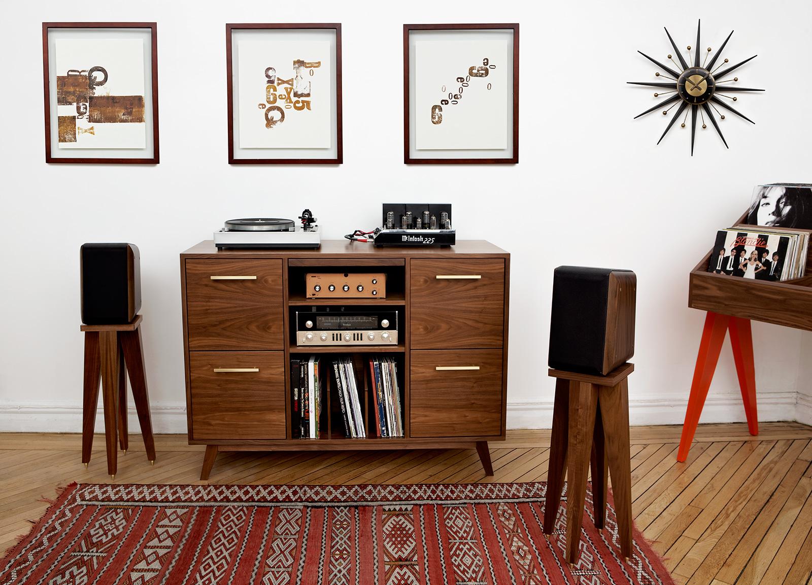 American Record Cabinet Open/Close Credenza for Analog Stereo LPs, Vinyl Media Sideboard For Sale