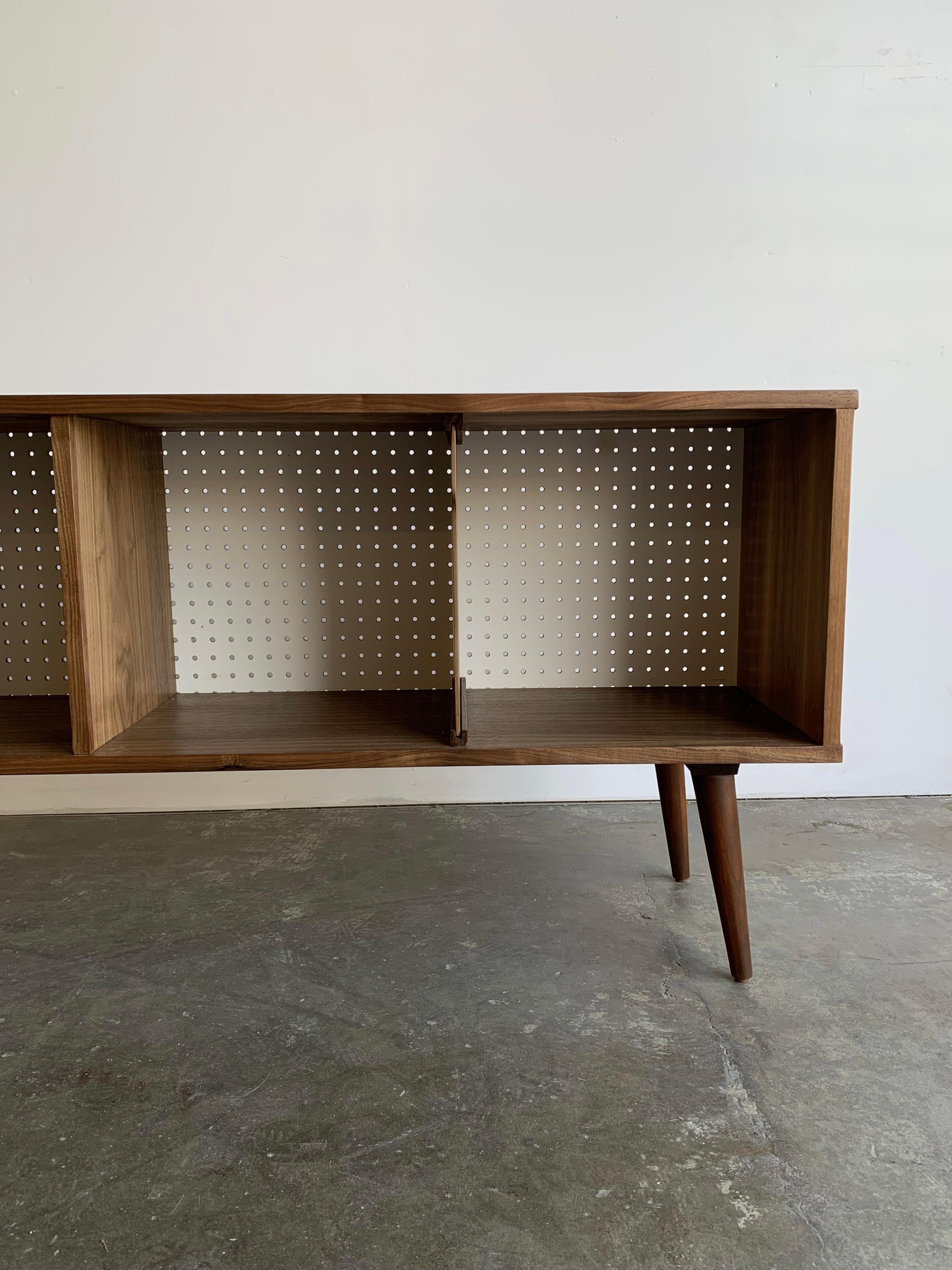 Mid-Century Modern Record Holder in Walnut and Perforated White