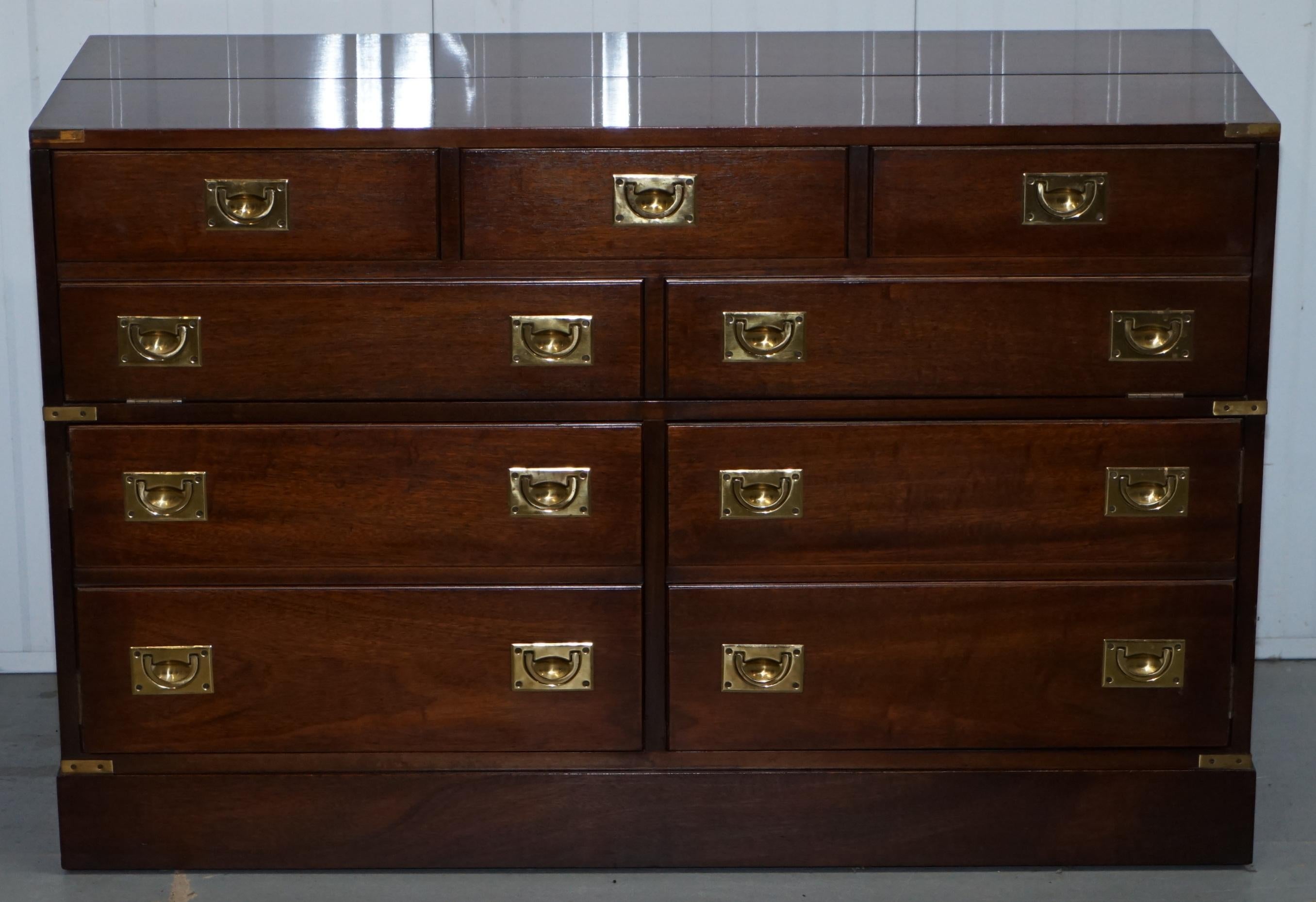 We are delighted to offer for sale this stunning solid mahogany Military with brass fittings Military campaign sideboard board designed to house a music or entertainment system

This is a very good looking and practical piece of furniture, it was