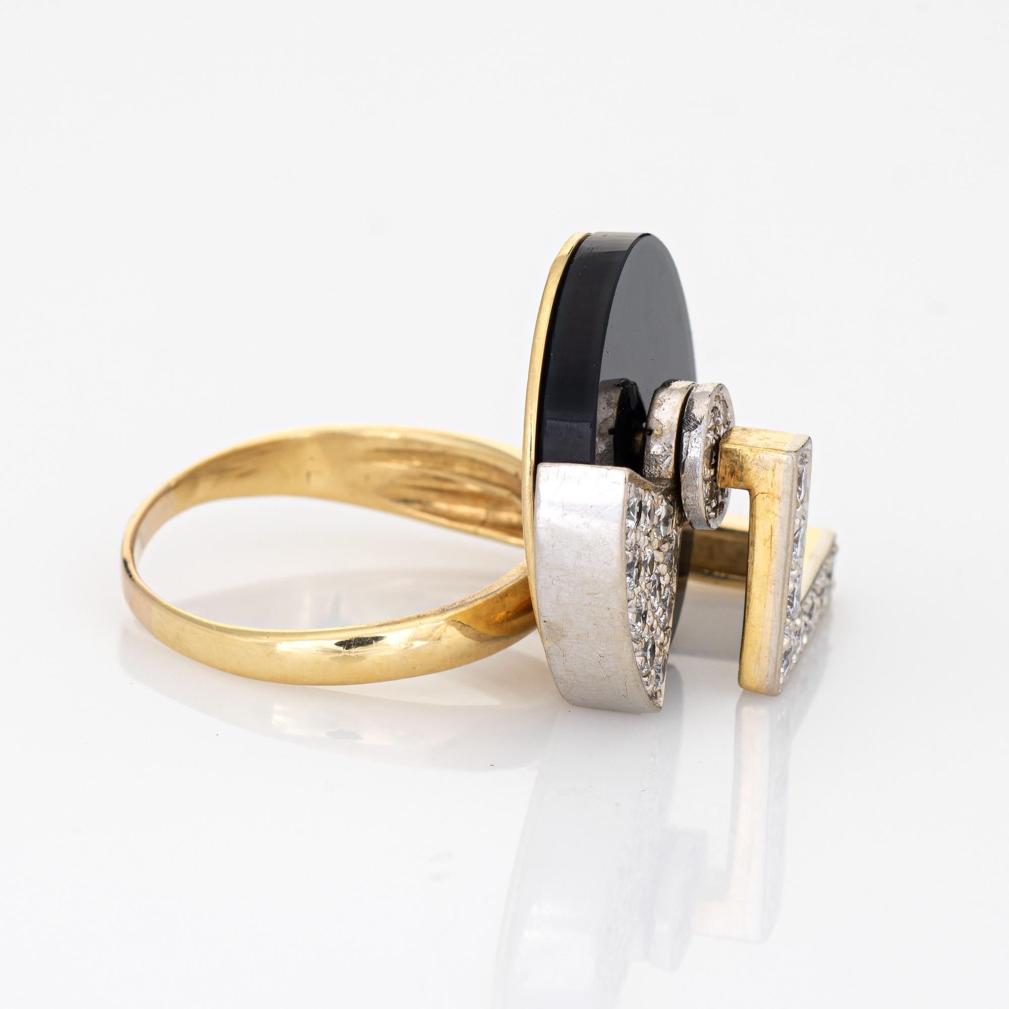 Modern Record Player Ring Vintage Onyx Diamond Spinning Kinetic 18k Gold Geometric