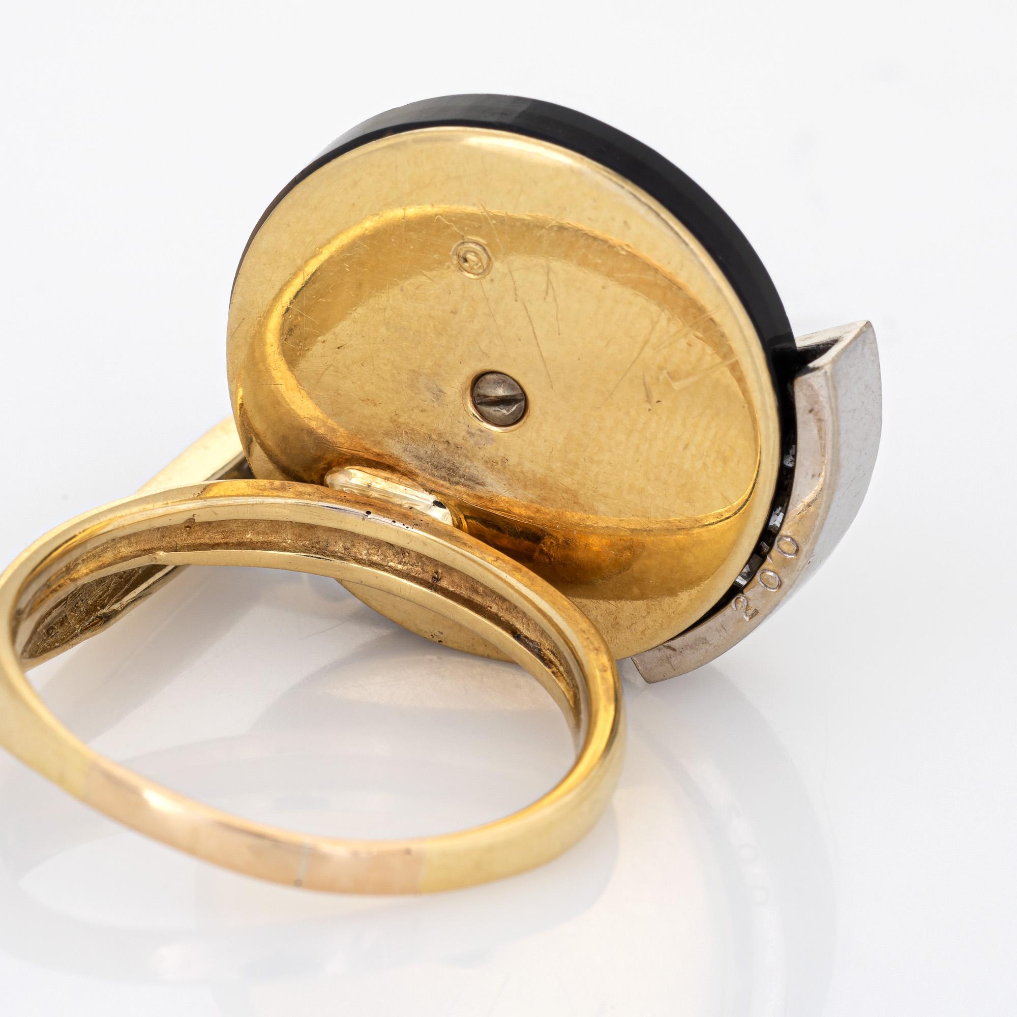 Record Player Ring Vintage Onyx Diamond Spinning Kinetic 18k Gold Geometric 1