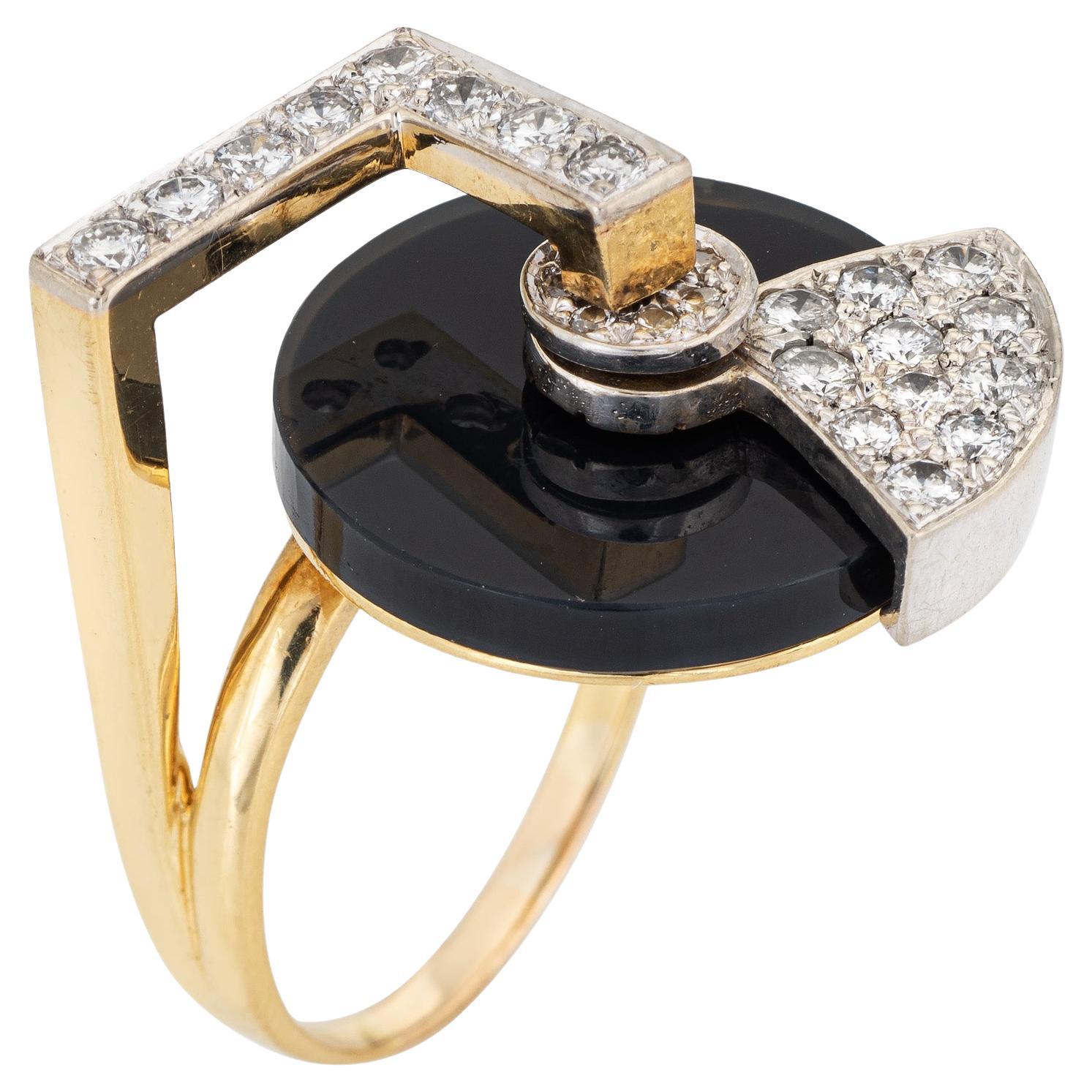 Record Player Ring Vintage Onyx Diamond Spinning Kinetic 18k Gold Geometric