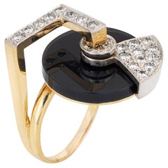 Record Player Ring Retro Onyx Diamond Spinning Kinetic 18k Gold Geometric