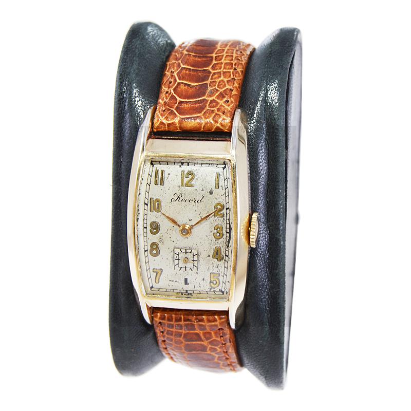 Record Watch Company Gold Filled Art Deco Tonneau Shape from 1940's In Excellent Condition In Long Beach, CA