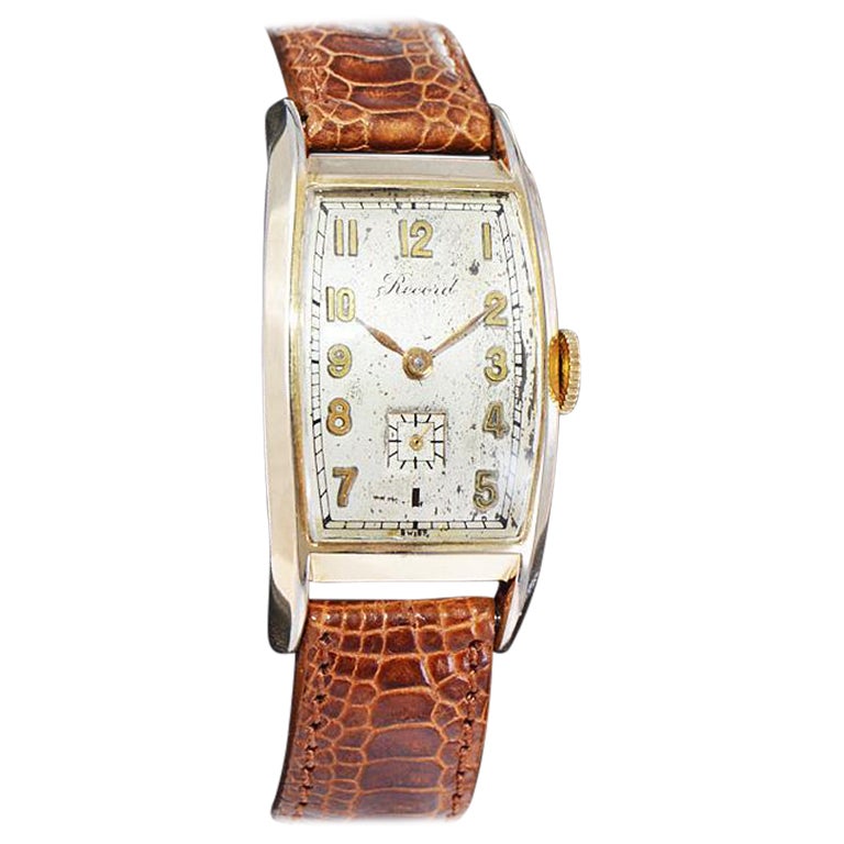 Record Watch Company Goldgefüllte Art-Déco-Ton-Uhren in Tonneau-Form aus den 1940er Jahren