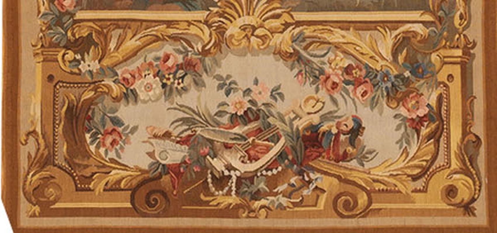 Courtesans Au Parc. 18th century design tapestry panel. The flute player seated, creating the music for the young couple to dance to. All in a wonderful French countryside setting. 3'4 wide x 11'3 high