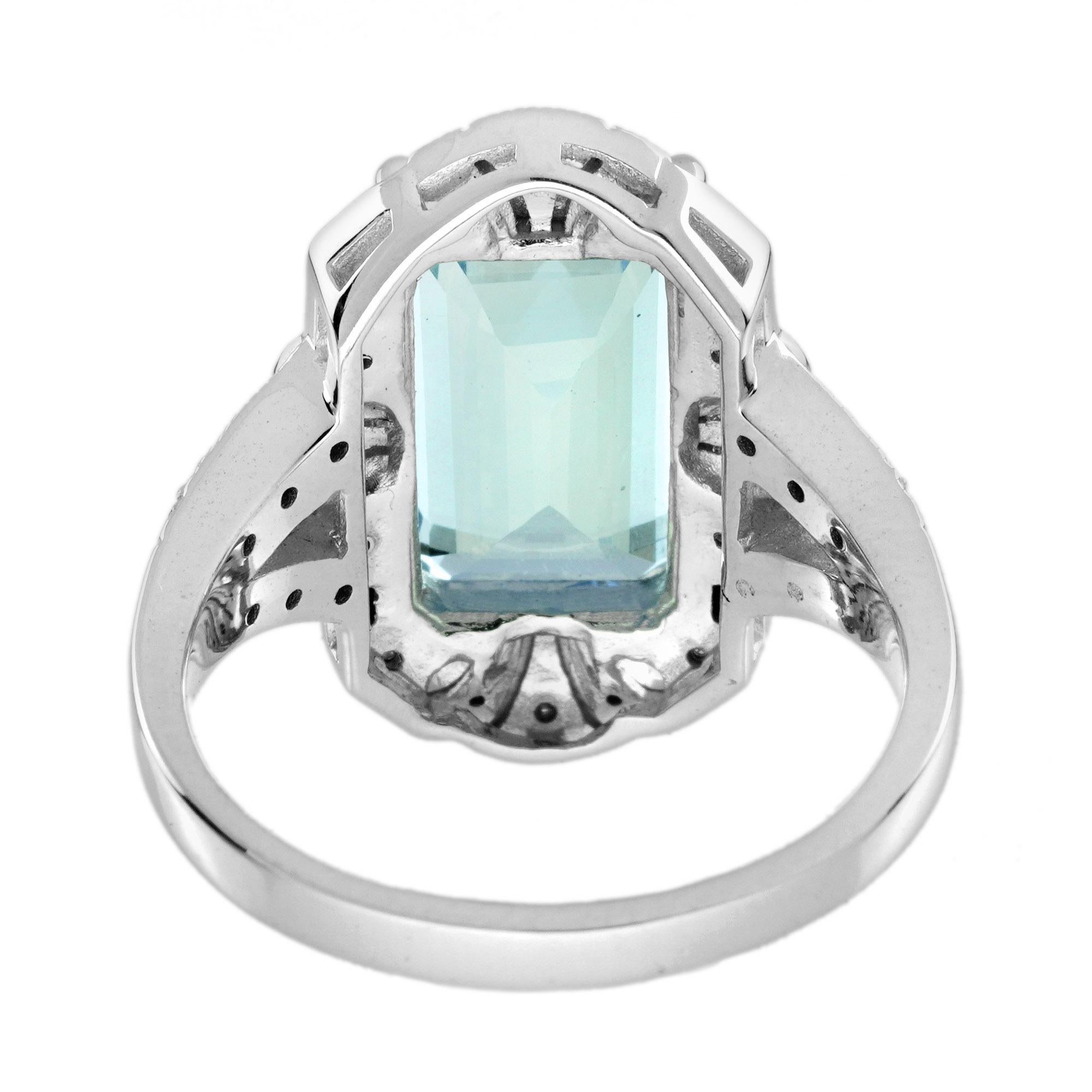 Taglio smeraldo Anello rettangolare in oro bianco con acquamarina, onice e diamante di ispirazione vintage in stile Art Deco in vendita