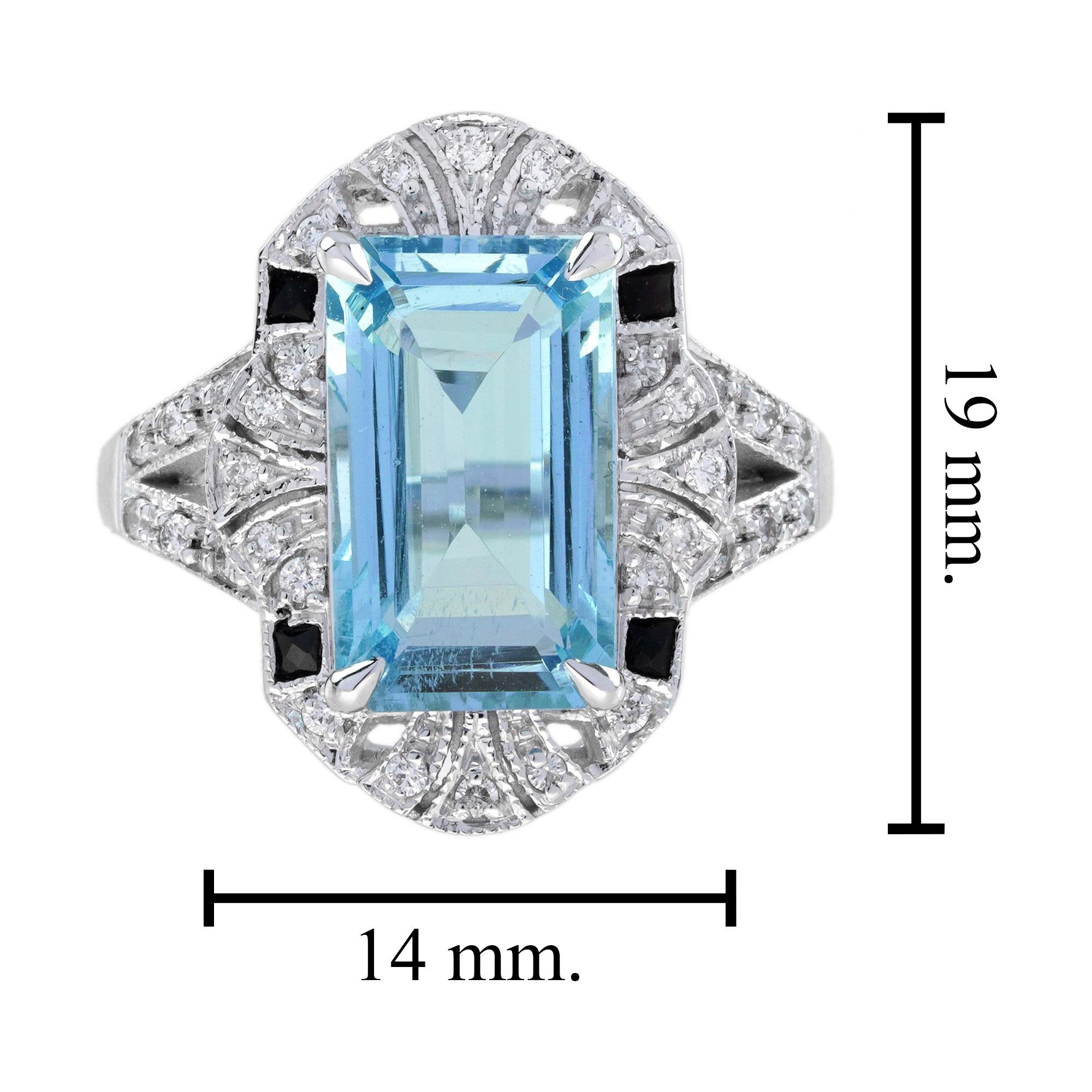 da uomo o donna Anello rettangolare in oro bianco con acquamarina, onice e diamante di ispirazione vintage in stile Art Deco in vendita