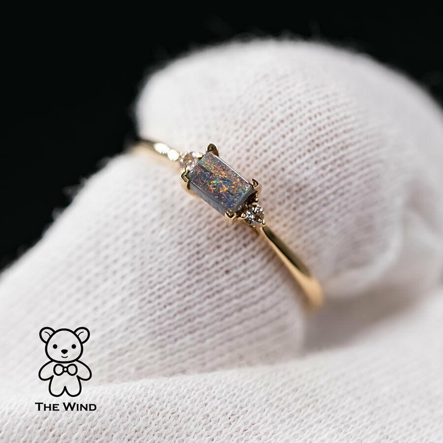 Brilliant Cut Rectangle Australian Boulder Opal Diamond Engagement Ring 18K Yellow Gold For Sale