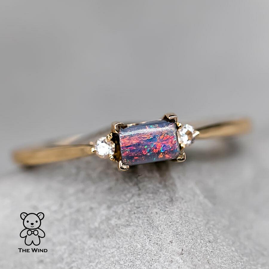 Bague de fiançailles Rectangle Australian Boulder Opal Diamond 18K Yellow Gold Pour femmes en vente