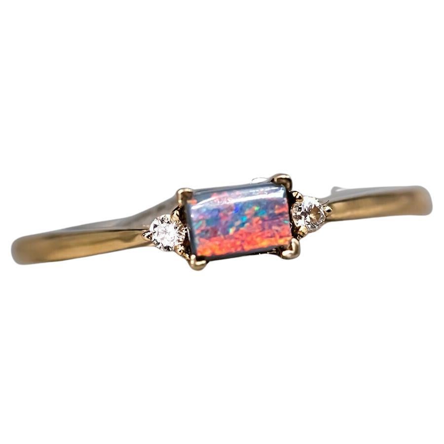 Rectangle Australian Boulder Opal Diamond Engagement Ring 18K Yellow Gold