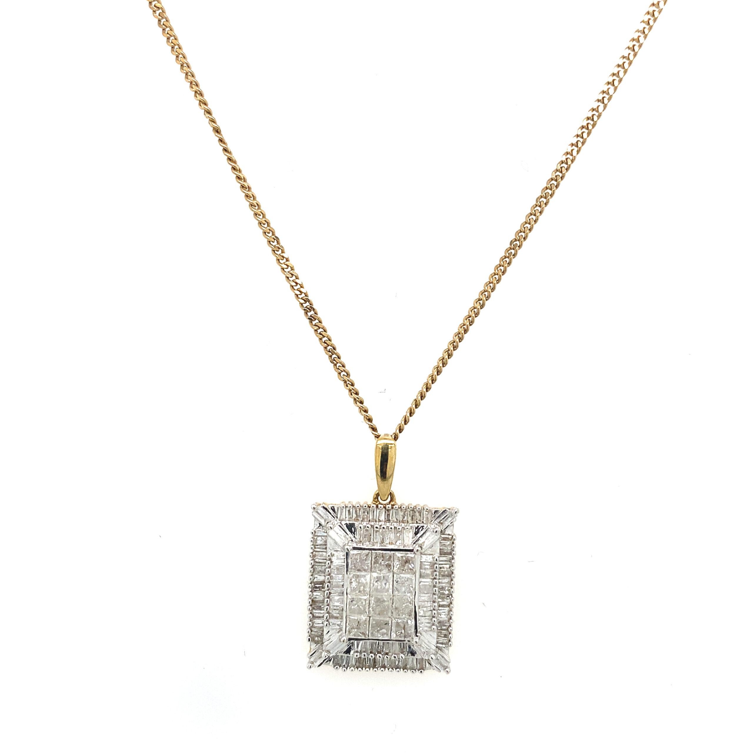 This pendant features a combination of baguette and princess cut Diamonds. The baguette Diamonds are on the top and bottom of the pendant and the princess cut Diamonds are in the middle. The combination of the Diamonds looks fantastic. The Diamonds