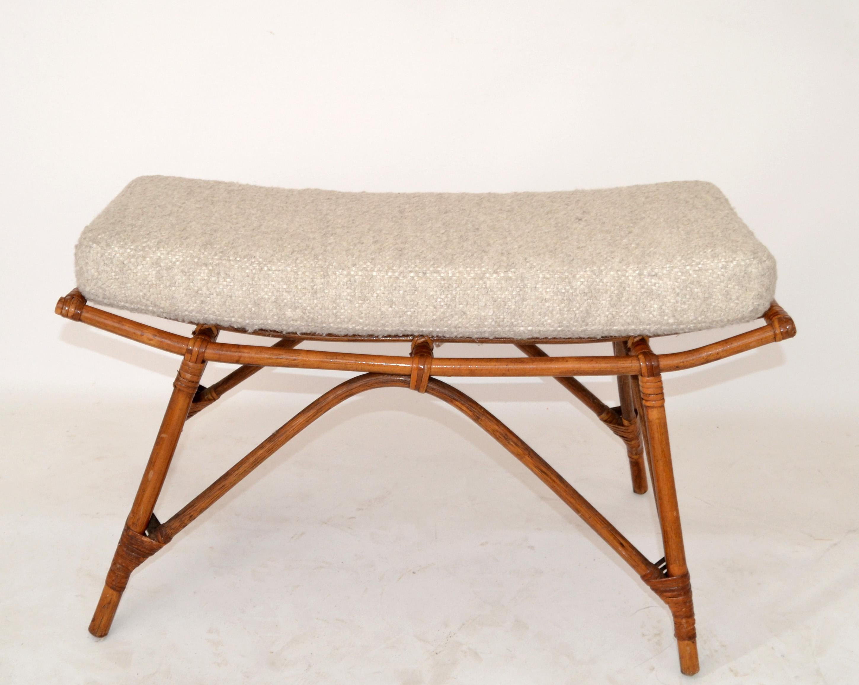 One Rectangle Bamboo Bench Handwoven Wool Bouclé Basketweave Upholstery Bohemian 4