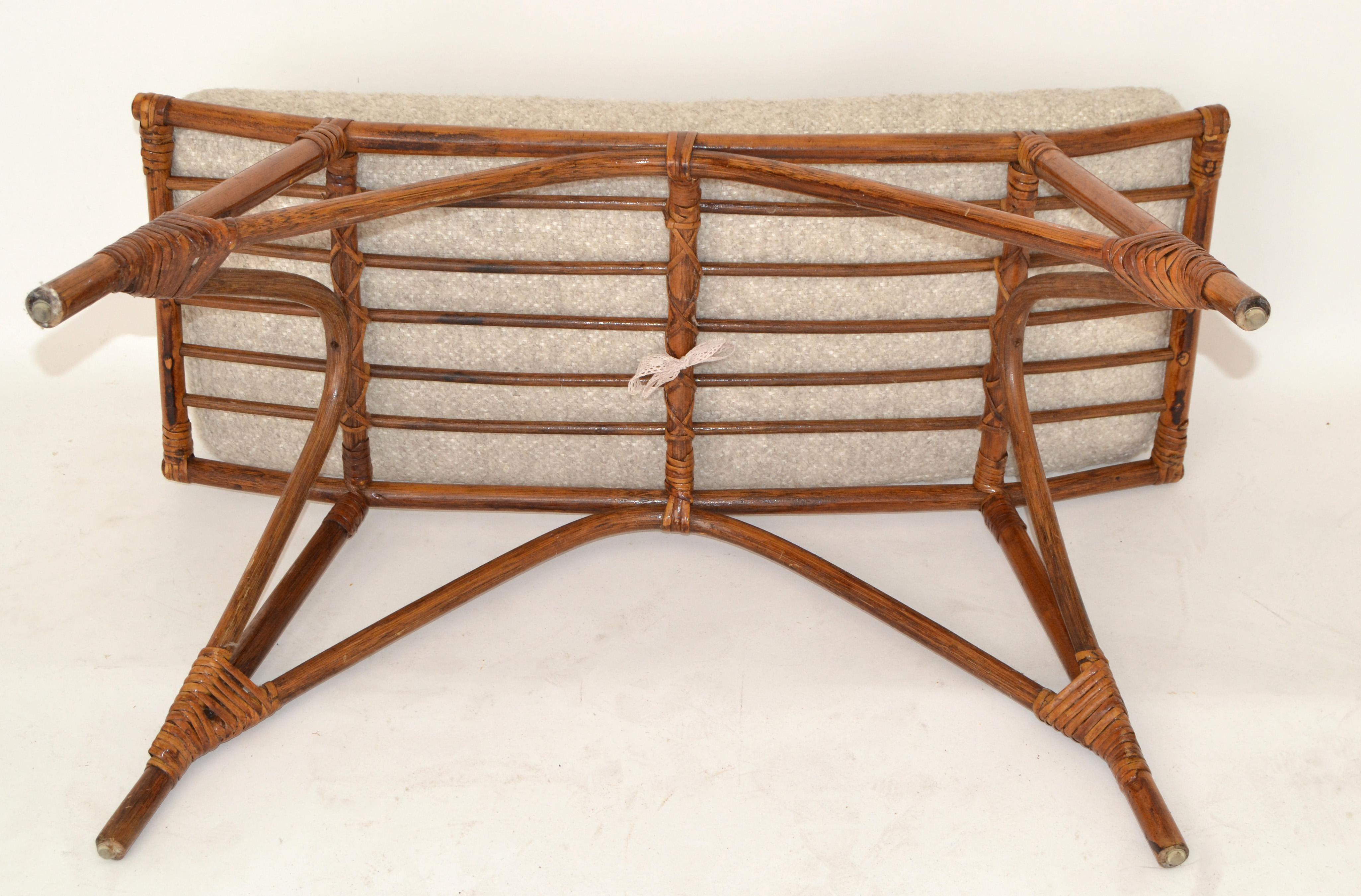 One Rectangle Bamboo Bench Handwoven Wool Bouclé Basketweave Upholstery Bohemian 5