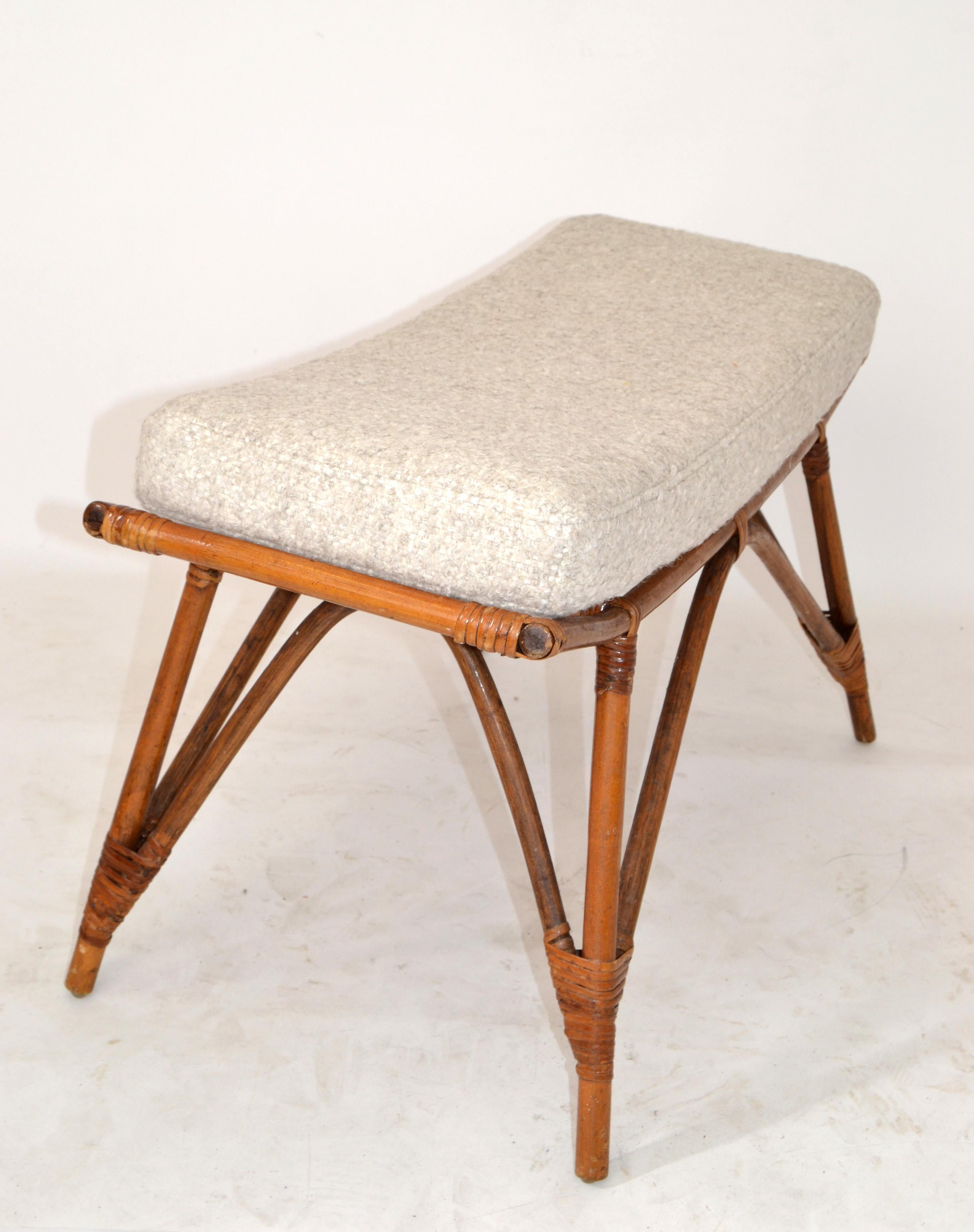 One Rectangle Bamboo Bench Handwoven Wool Bouclé Basketweave Upholstery Bohemian 6