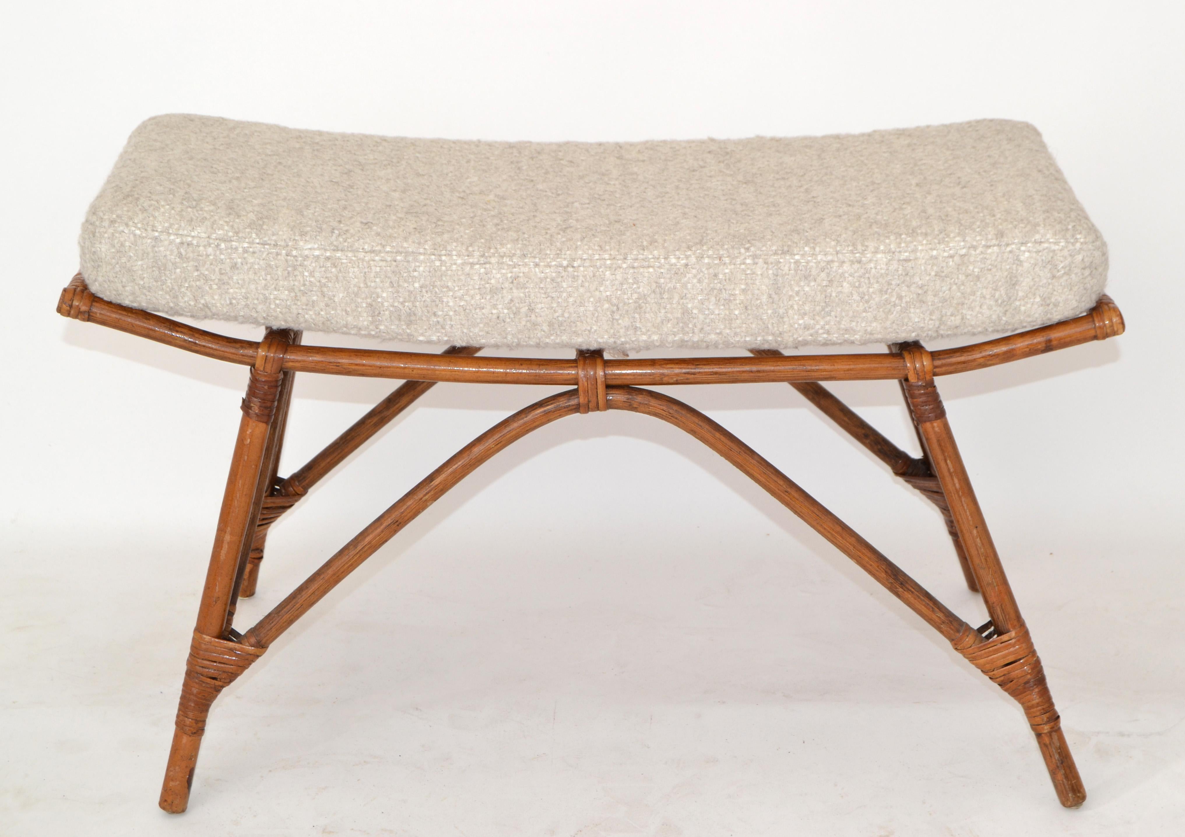 One Rectangle Bamboo Bench Handwoven Wool Bouclé Basketweave Upholstery Bohemian 7