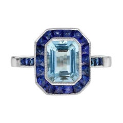 Rectangle Blue Aquamarine & Sapphire Halo Set Art Deco Style White Gold Ring