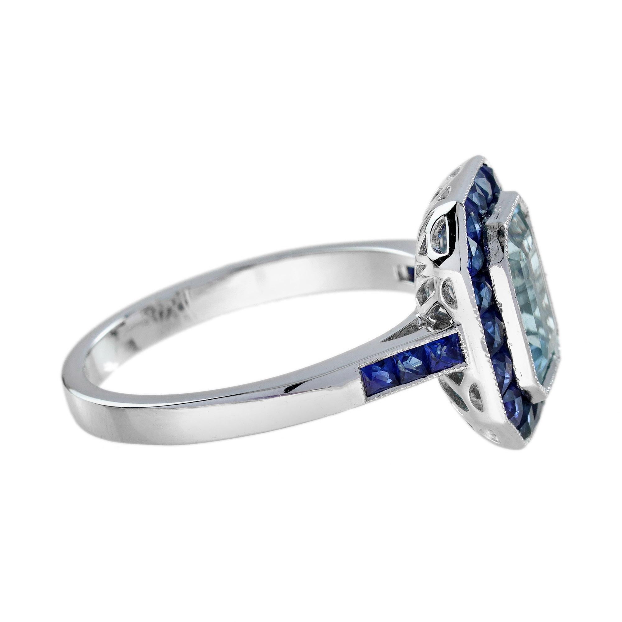 Rechteckiger blauer Aquamarin & Saphir Halo Set Art Deco Stil Weißgold Ring (Art déco) im Angebot