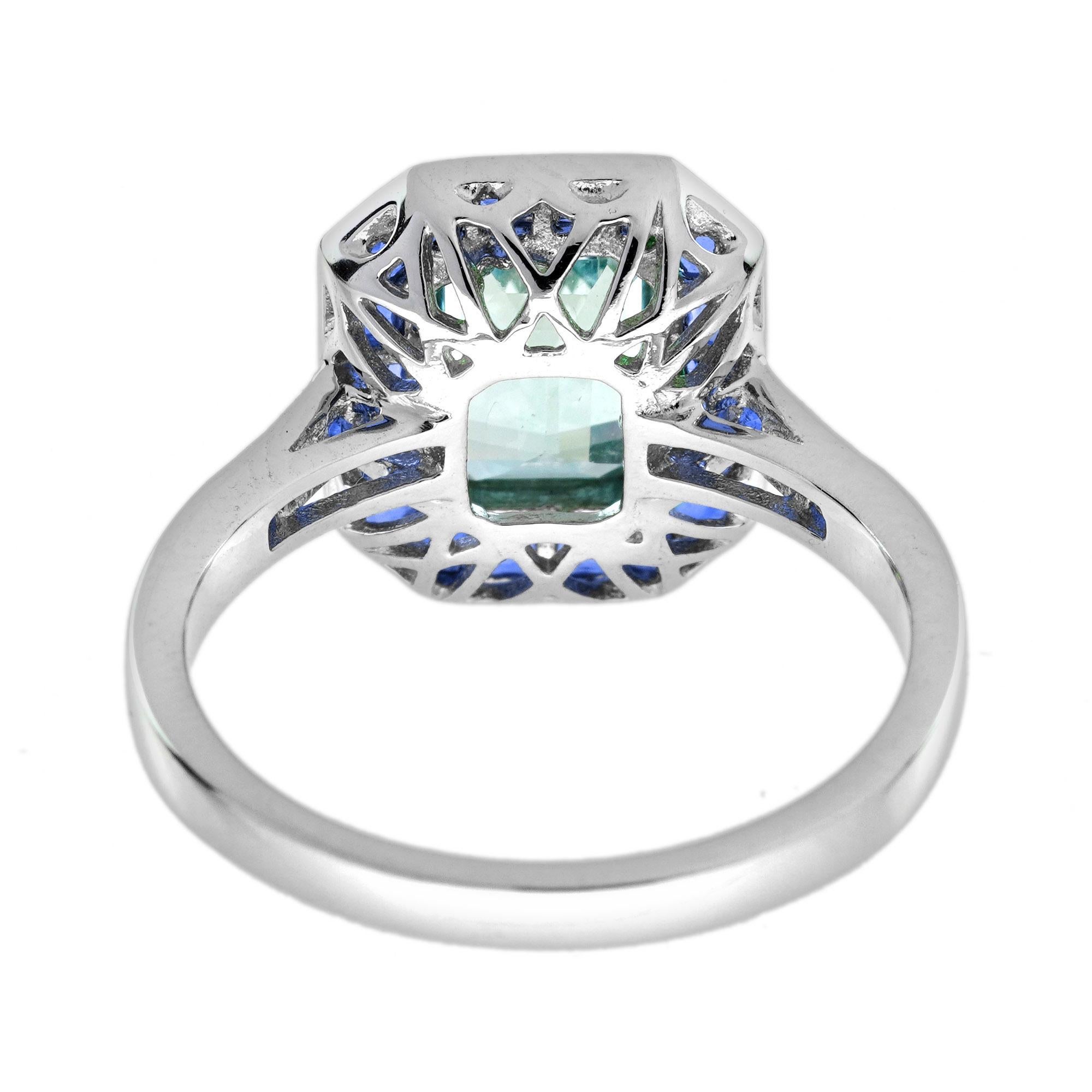 Rechteckiger blauer Aquamarin & Saphir Halo Set Art Deco Stil Weißgold Ring (Smaragdschliff) im Angebot