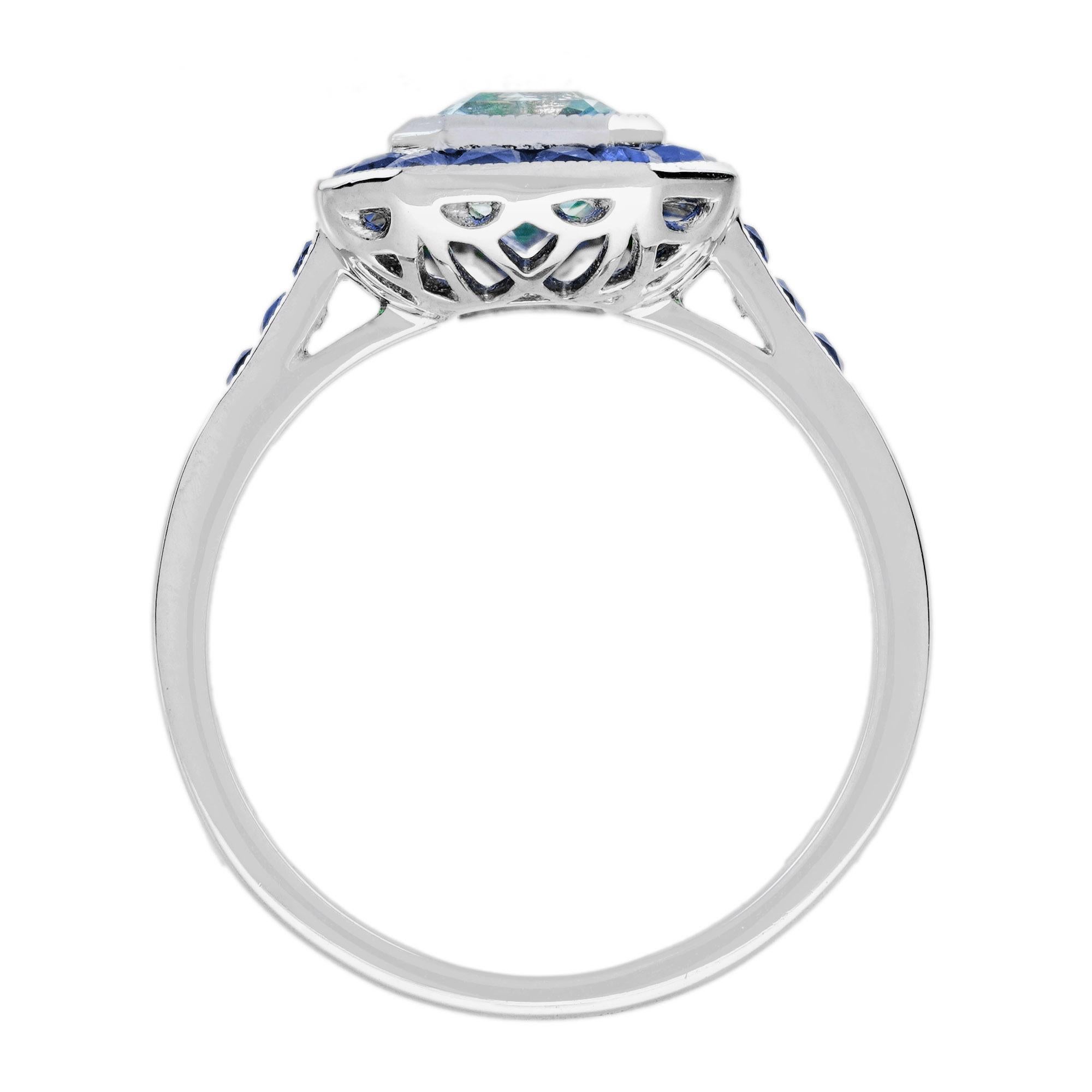 Rechteckiger blauer Aquamarin & Saphir Halo Set Art Deco Stil Weißgold Ring im Zustand „Neu“ im Angebot in Oakton, VA