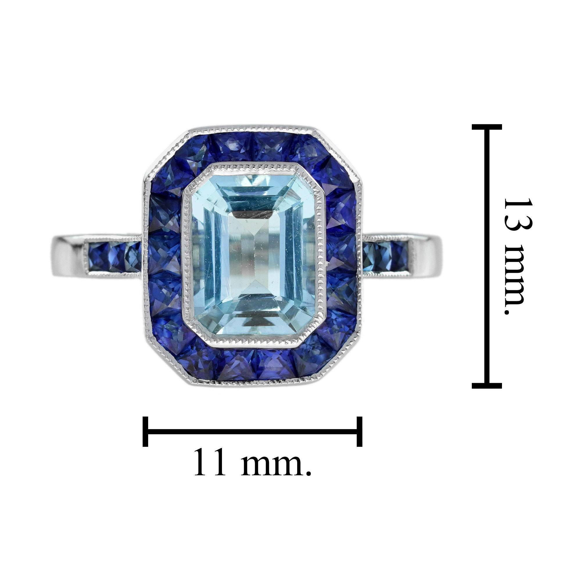 Rechteckiger blauer Aquamarin & Saphir Halo Set Art Deco Stil Weißgold Ring Damen im Angebot