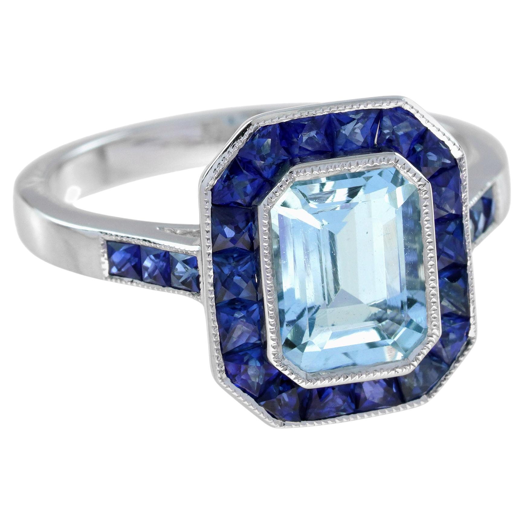 Rechteckiger blauer Aquamarin & Saphir Halo Set Art Deco Stil Weißgold Ring