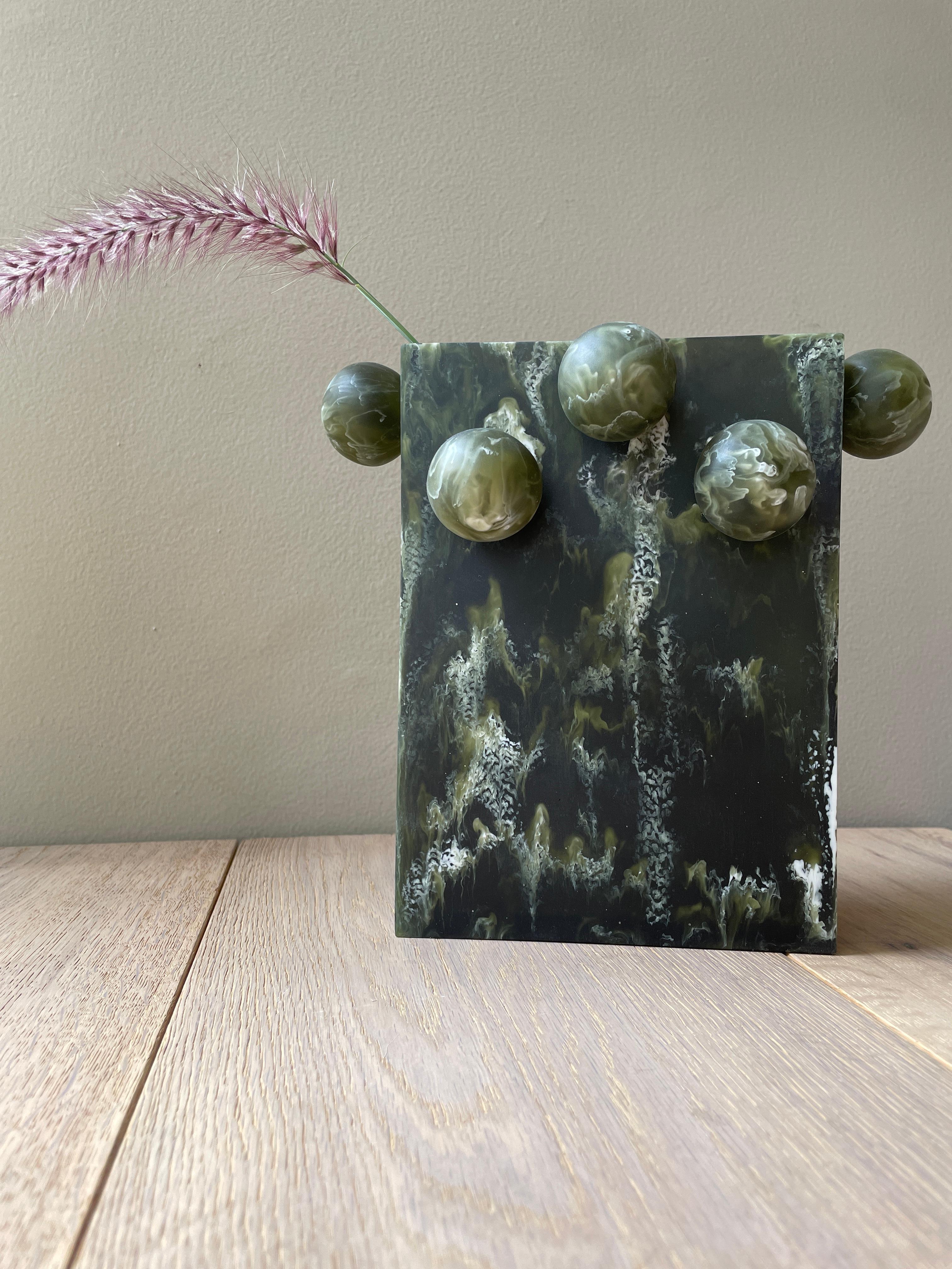 Modern Rectangle Bubble Vase in Dark Green Resin by Paola Valle For Sale