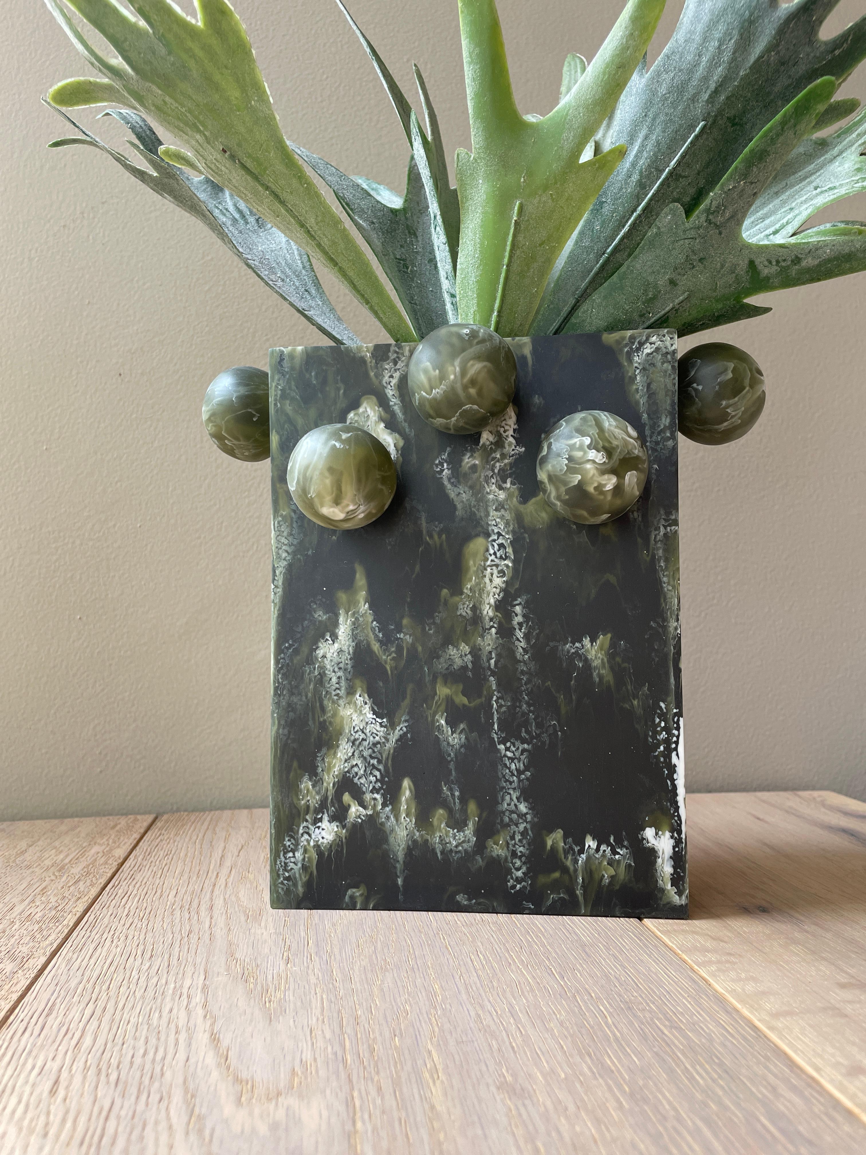 Hand-Crafted Rectangle Bubble Vase in Dark Green Resin by Paola Valle For Sale