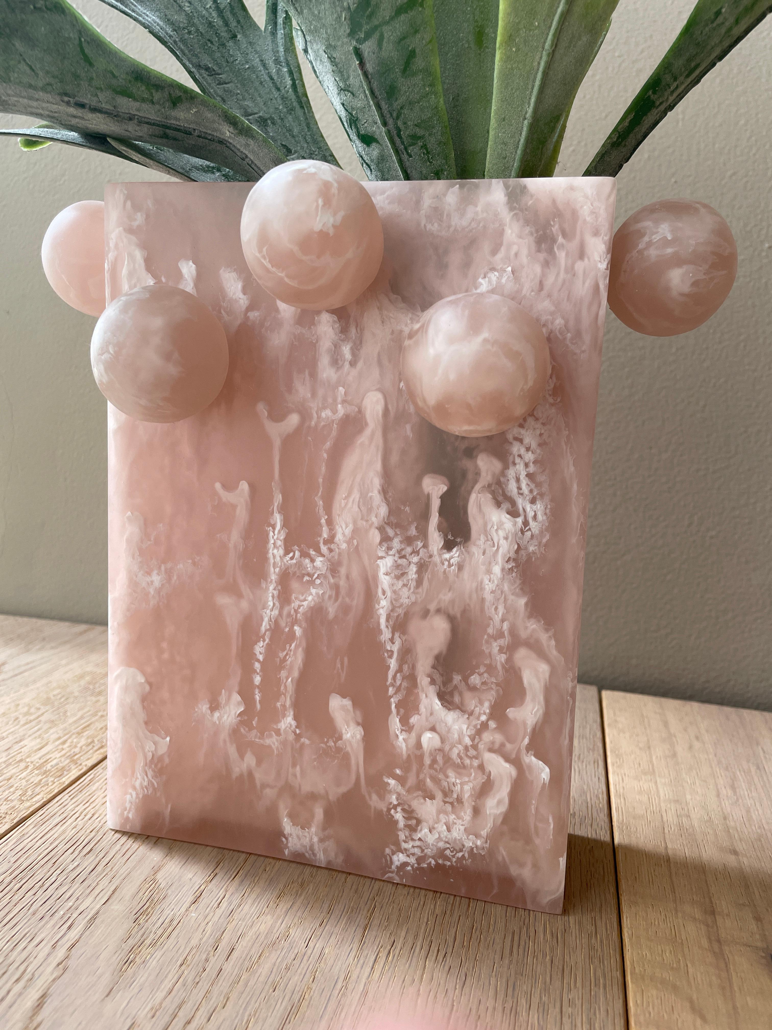 Cast Rectangle Bubble Vase in Pink Resin by Paola Valle For Sale