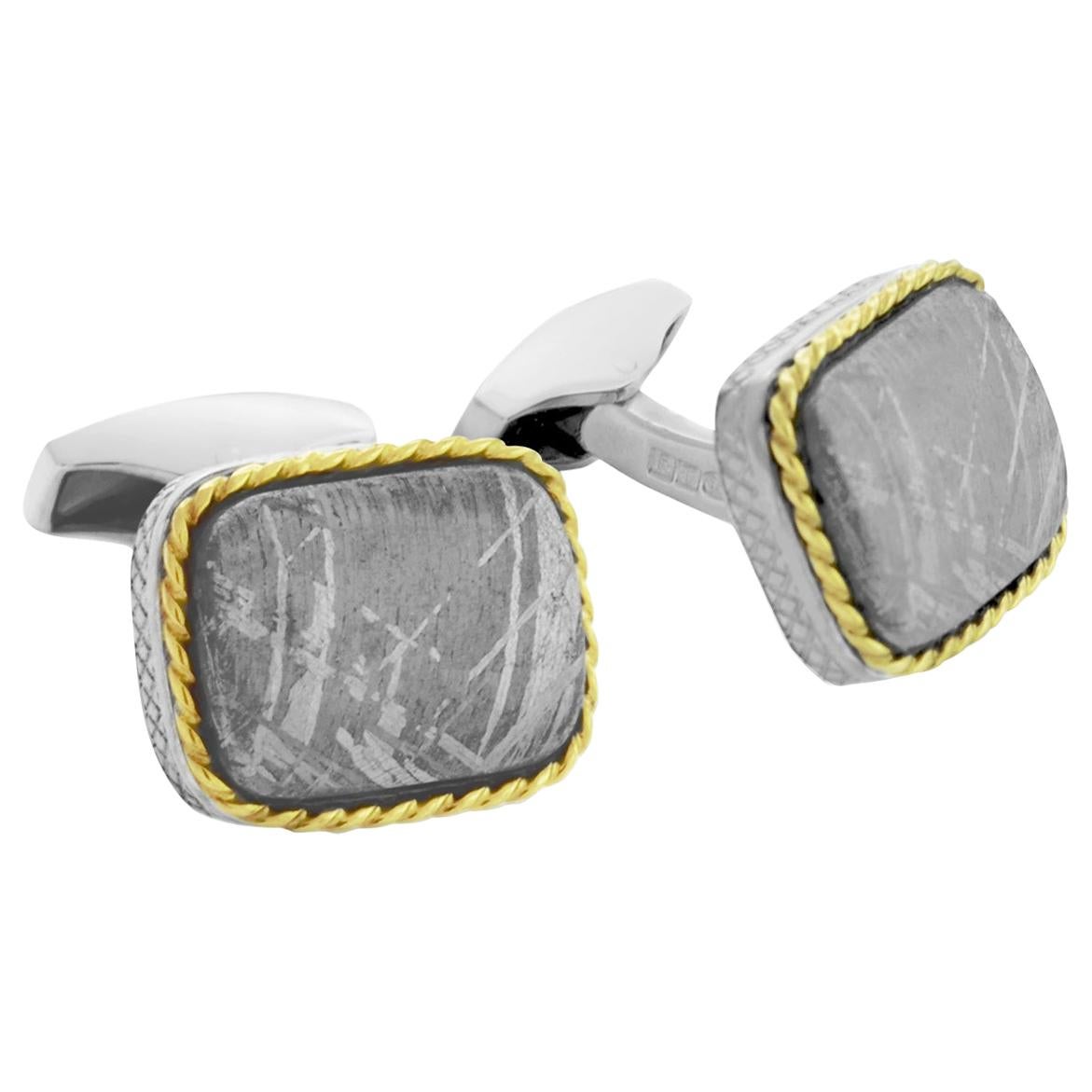 Rectangle Cable Meteorite Cufflinks in Silver with 18 Karat Gold Limited Edition