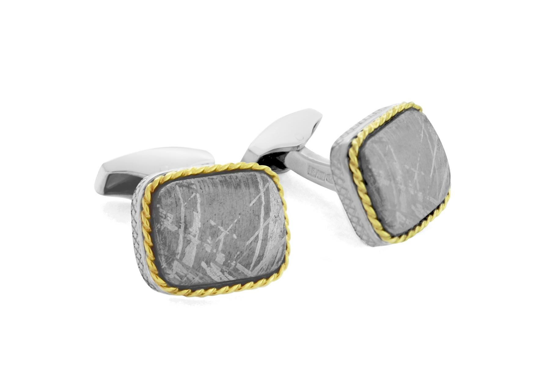 Showcase your unique sense of style in these limited edition rectangular cufflinks. Rare natural meteorite forms an unusual centrepiece – each Gibeon meteorite fragment is over 30,000 years old, with a natural patterned surface. Encased in sterling