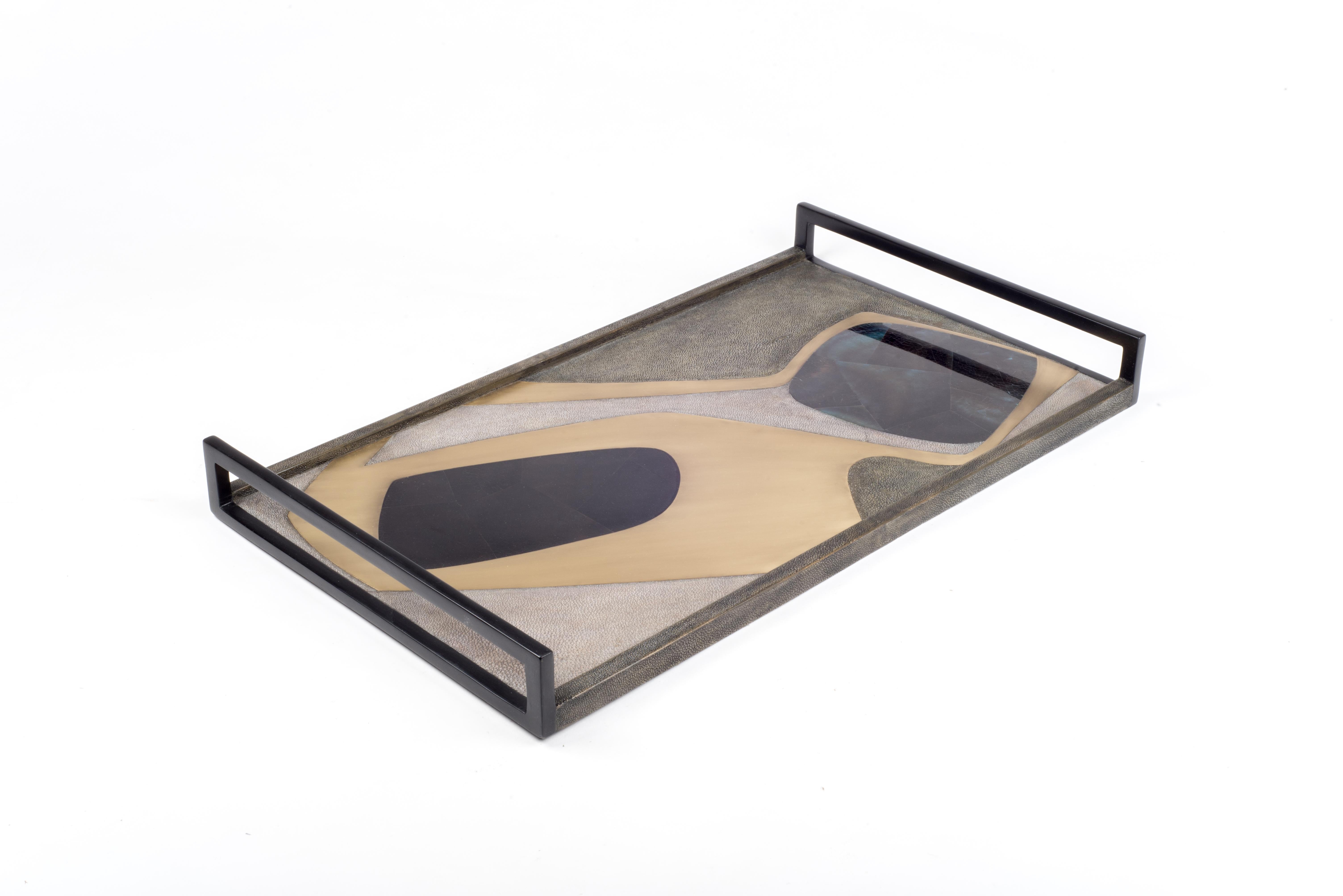 Art Deco Cosmos Tray in Coal Black Shagreen, Blue Pen Shell & Brass by R&Y Augousti For Sale