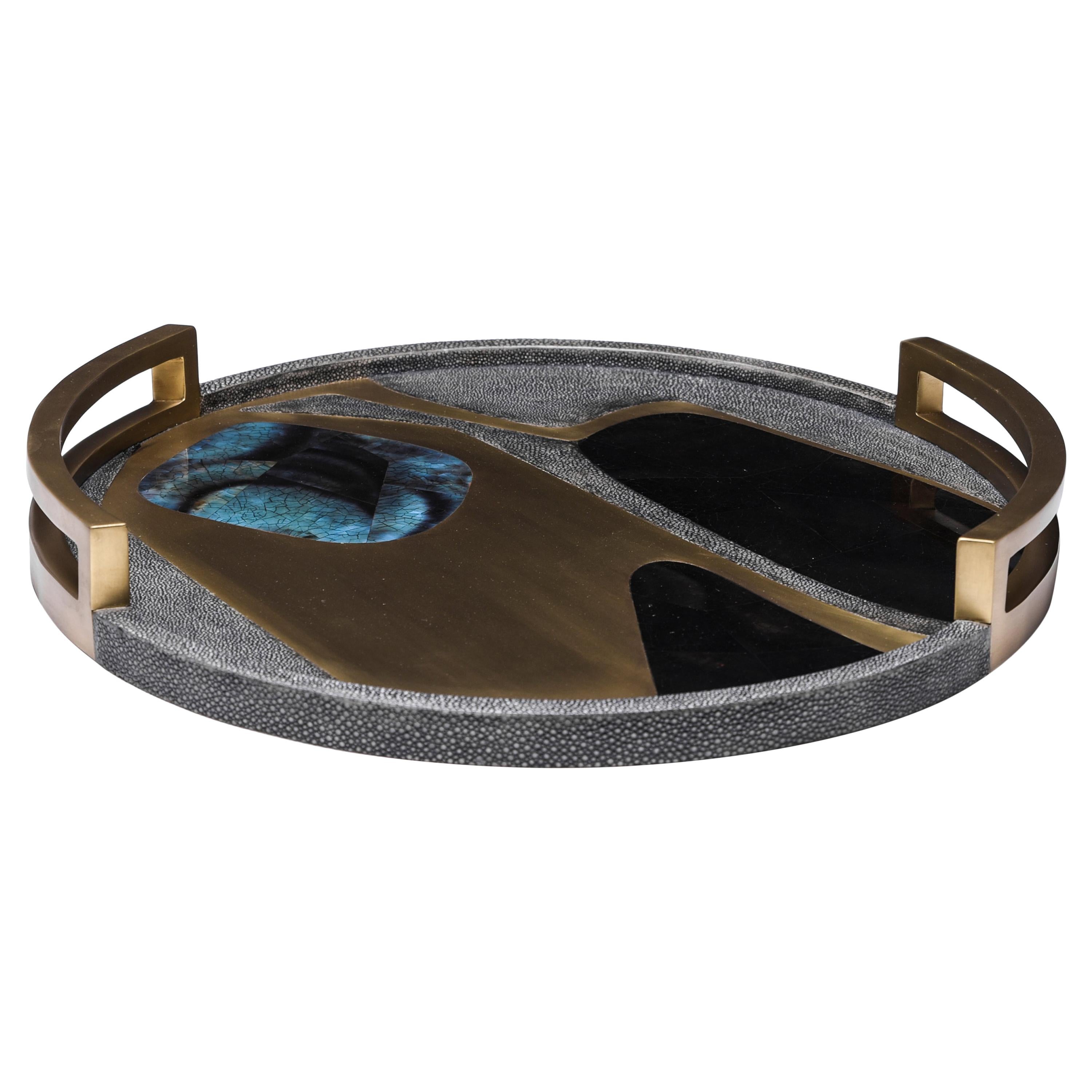 Cosmos Tray in Coal Black Shagreen, Blue Pen Shell & Brass by R&Y Augousti For Sale 1