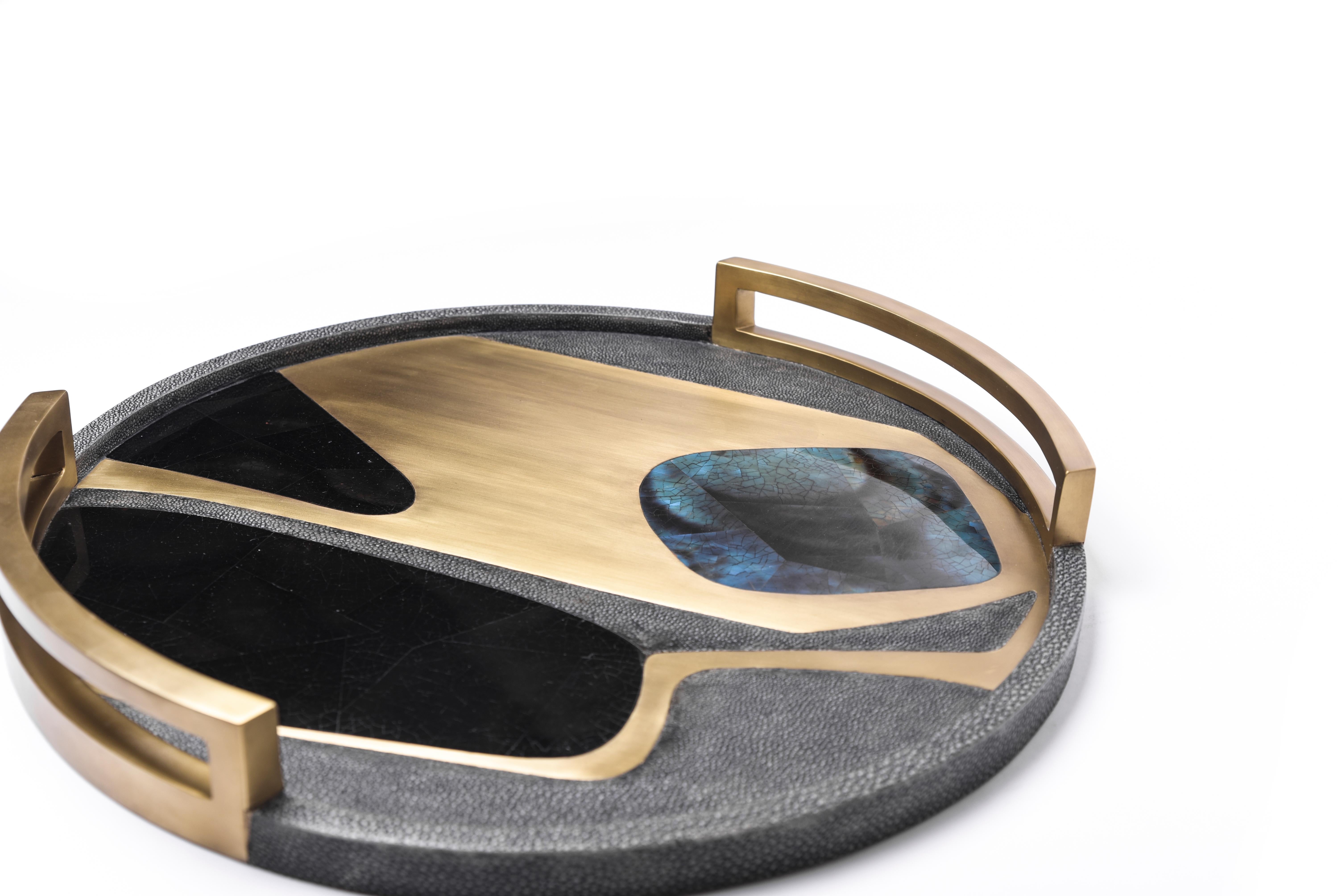 Cosmos Tray in Coal Black Shagreen, Blue Pen Shell & Brass by R&Y Augousti For Sale 2