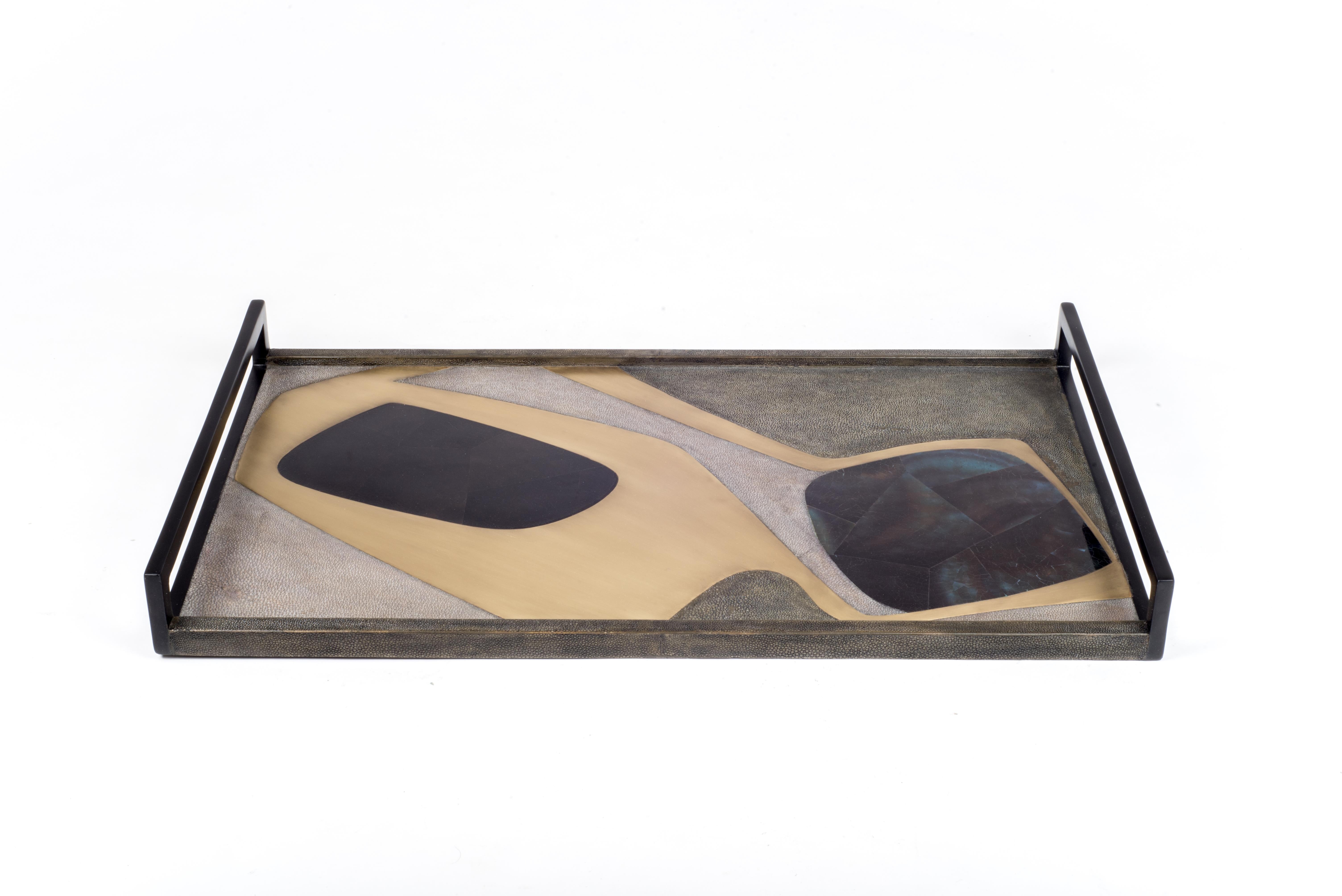 French Rectangle Cosmos Tray in Cream Shagreen, Shell and Brass by R&Y Augousti For Sale