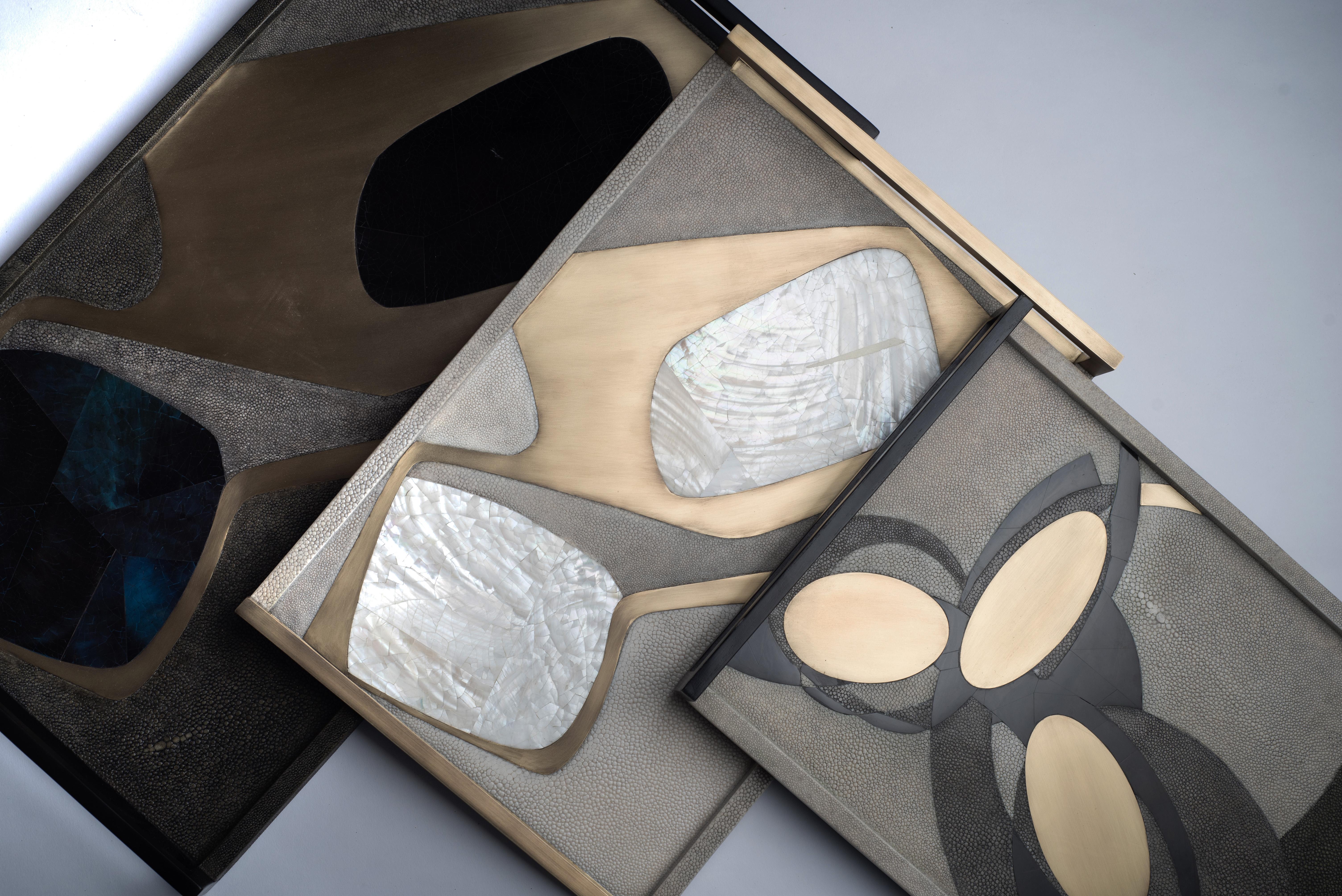Contemporary Rectangle Cosmos Tray in Cream Shagreen, Shell and Brass by R&Y Augousti For Sale